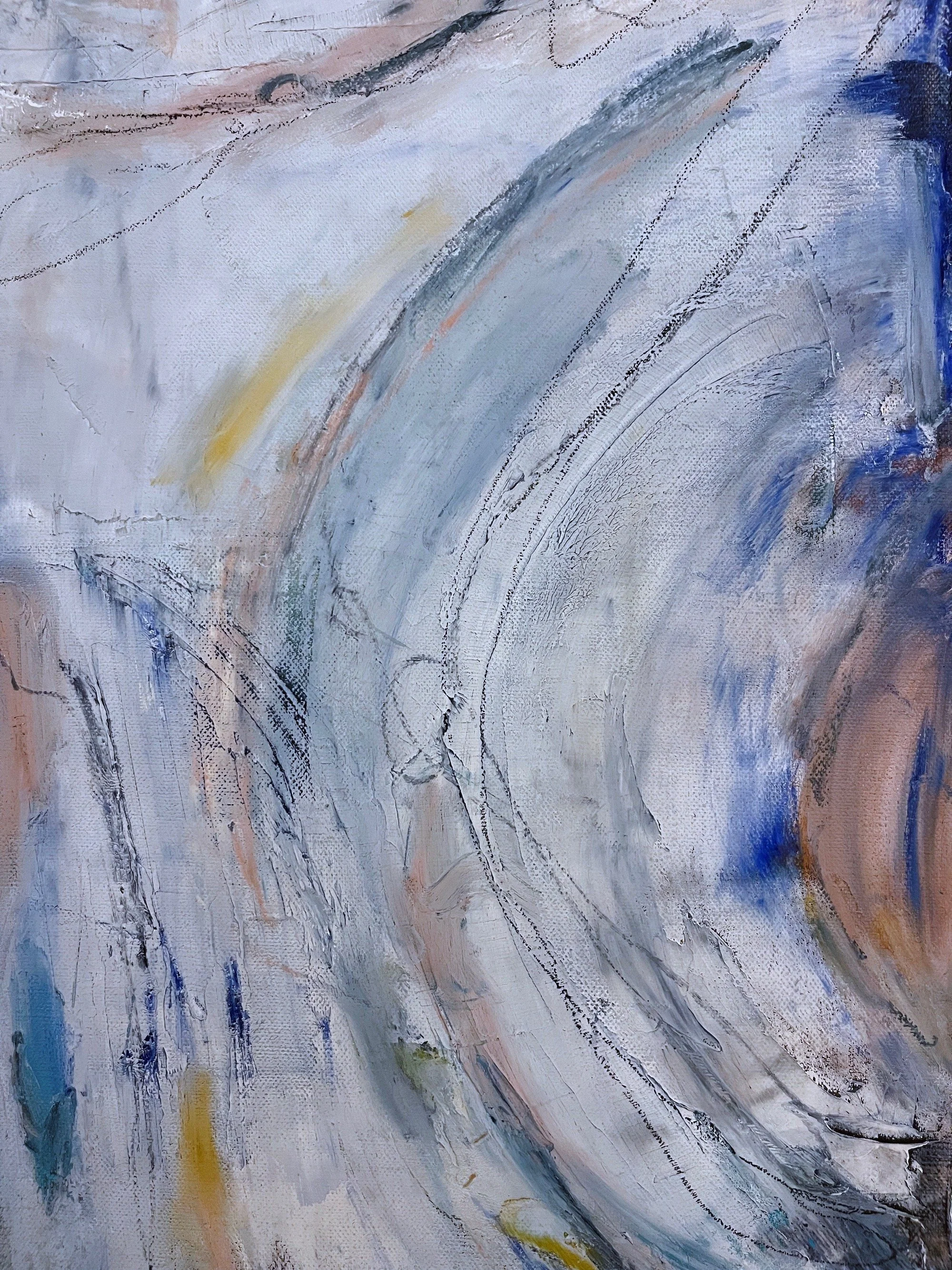 Abstract painting with swirling blue, white, gray, beige, black, and hints of yellow and green colors.