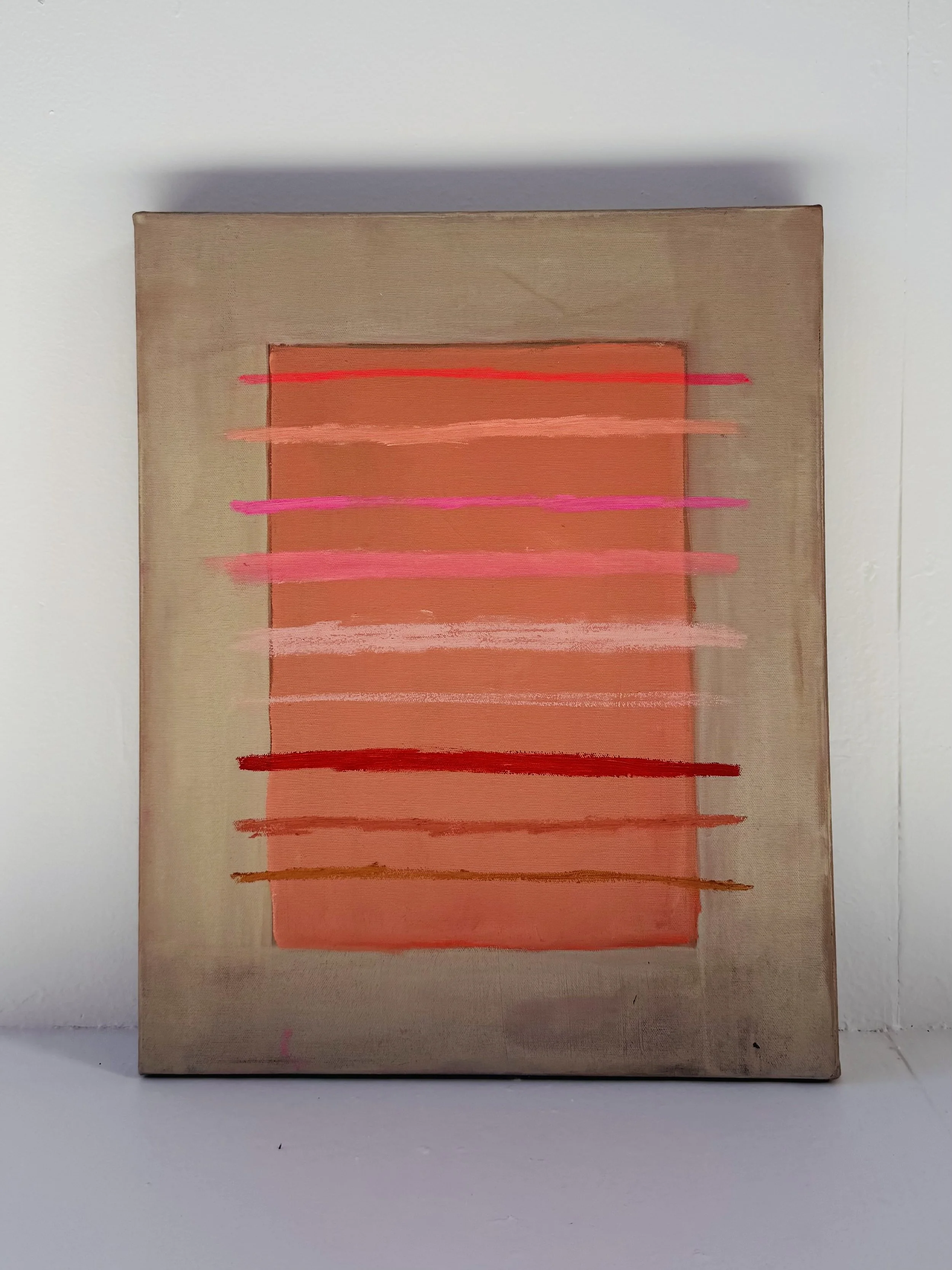 Abstract painting on framed canvas with horizontal brushstrokes in various shades of pink, red, and orange.