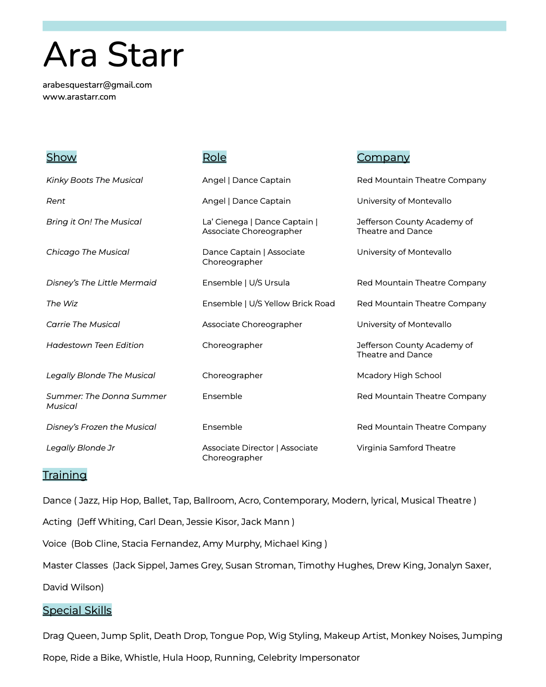 A resume for Ara Starr showing contact information, a list of theater shows, roles, and companies, along with training and special skills sections.