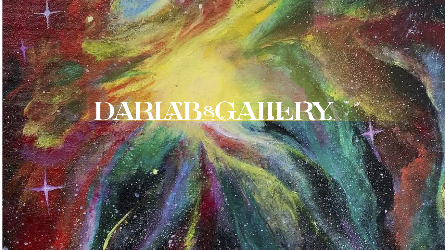Colorful abstract galaxy painting with a burst of yellow and rainbow colors, with white specks resembling stars, overlaid with the text 'DARIAB & GALLERY' in white.