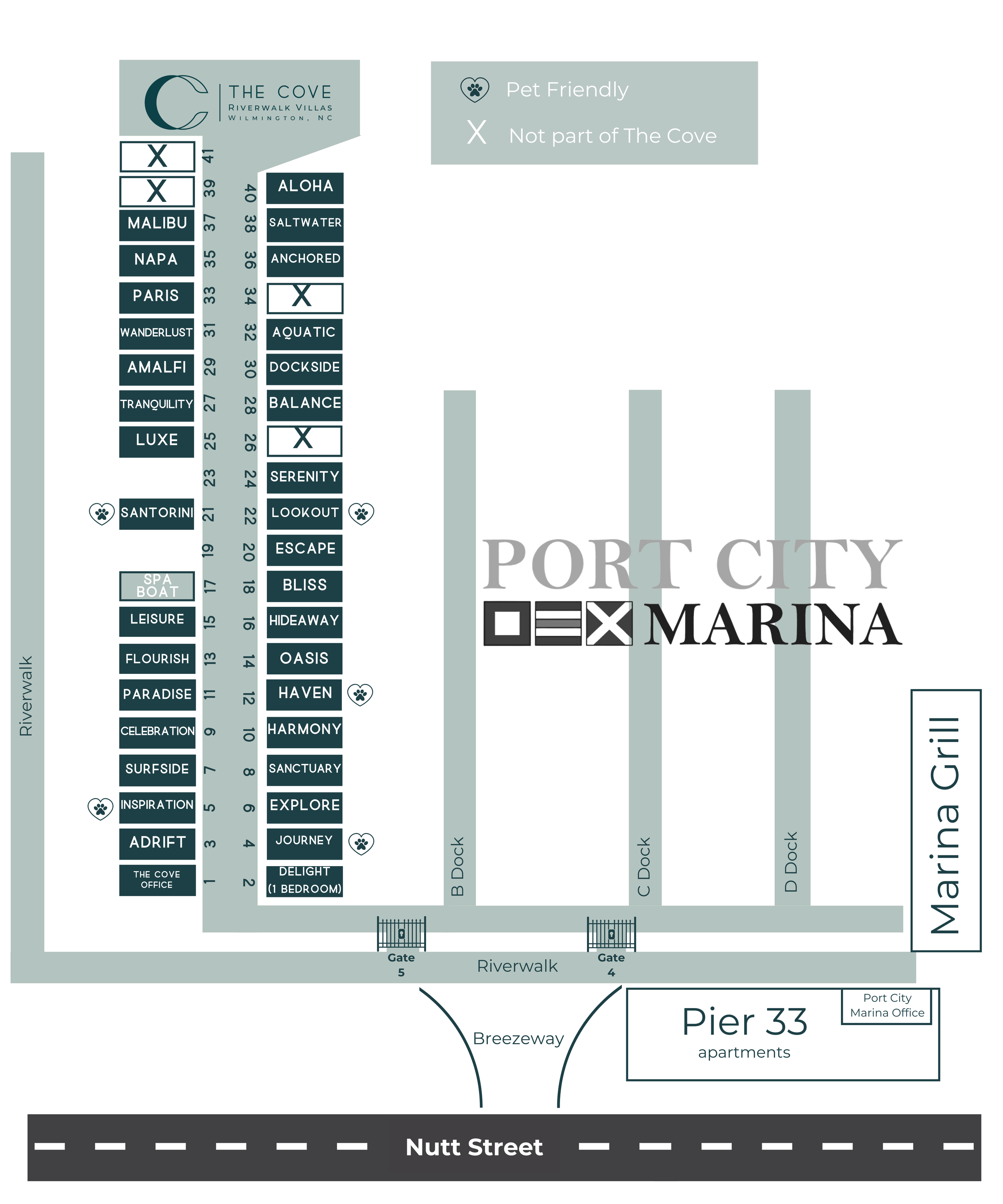 Map of Port City Marina with boat slips, docks, and surrounding streets, including Pier 33 apartments, Breezeway, and Nutt Street.