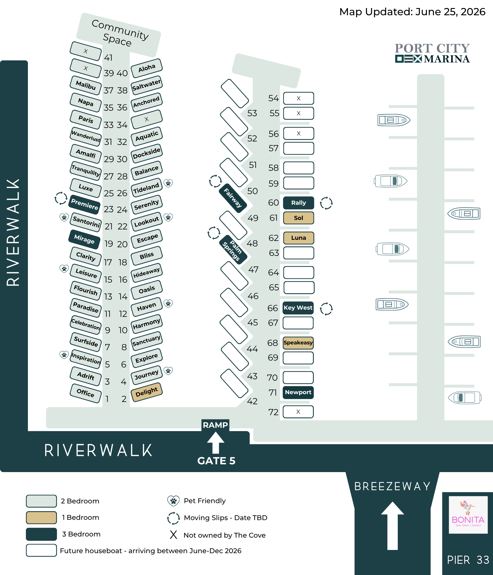 Updated map of Port City Marina as of June 25, 2026, showing residential units, marinas, parking, and various amenities with labels for 2-bedroom, 1-bedroom, and 3-bedroom homes, pet-friendly icons, and future houseboat arrivals between June and December 2026.