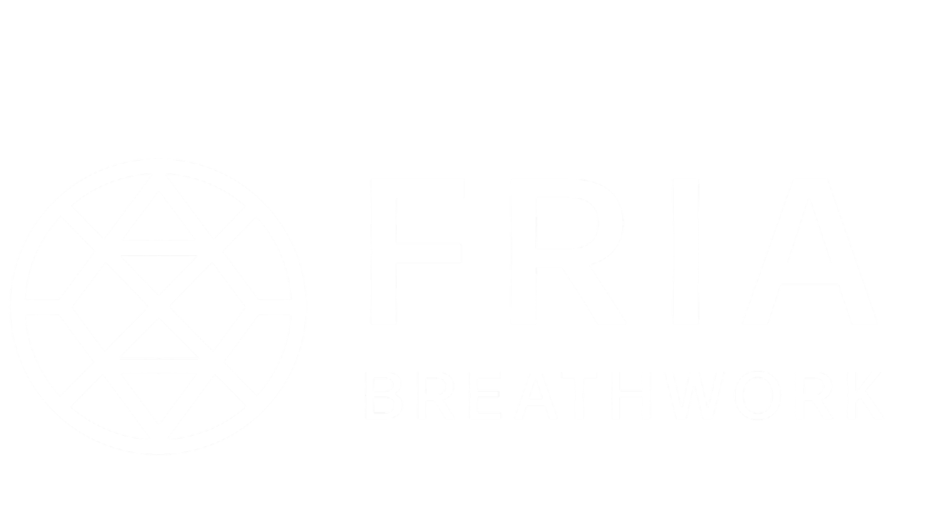 Black background with a white circular geometric logo, the words "FRIA BREATHWORK" in large white letters to the right of the logo. 9D Somatic Breathwork. Holotropic Breathwork