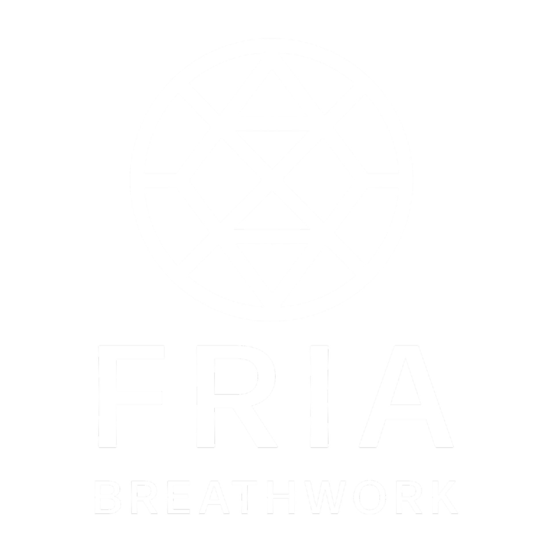 Black background with a white circular geometric symbol above the words 'FRIA BREATHWORK' in white text. 9D Breathwork. Stress relief. Nervous System Reset. Emotional Regulation. 9D Breathwork in Greenville SC, Hendersonville NC, Travelers Rest SC, T