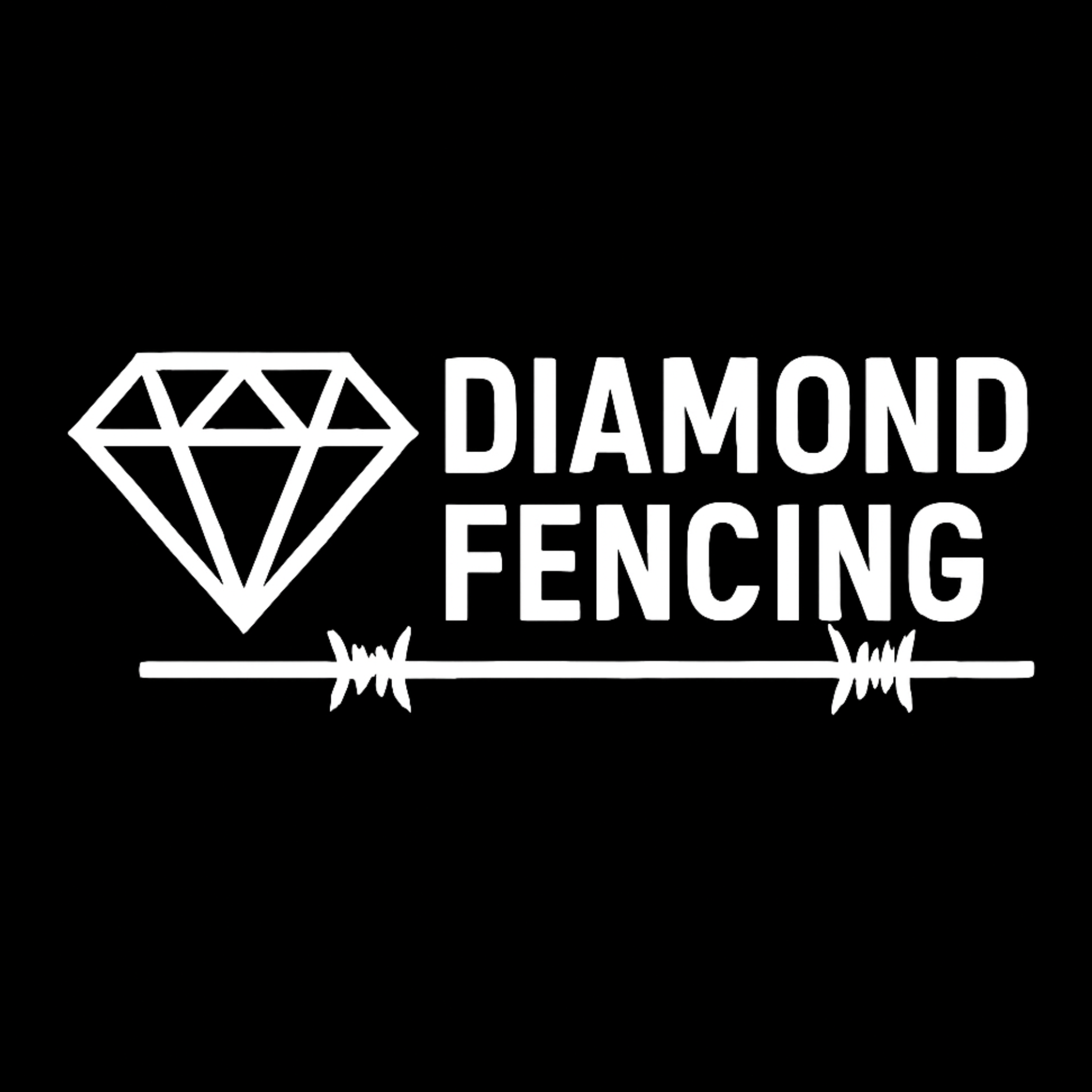 Black background with white outline of a diamond and barbed wire below. Text in bold white letters reads 'DIAMOND FENCING'.