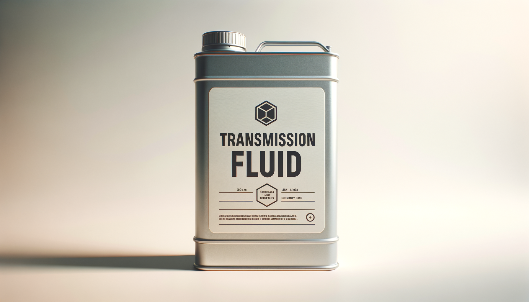 A metallic container labeled 'Transmission Fluid' with a hexagon logo at the top, placed on a light surface with a neutral background.
