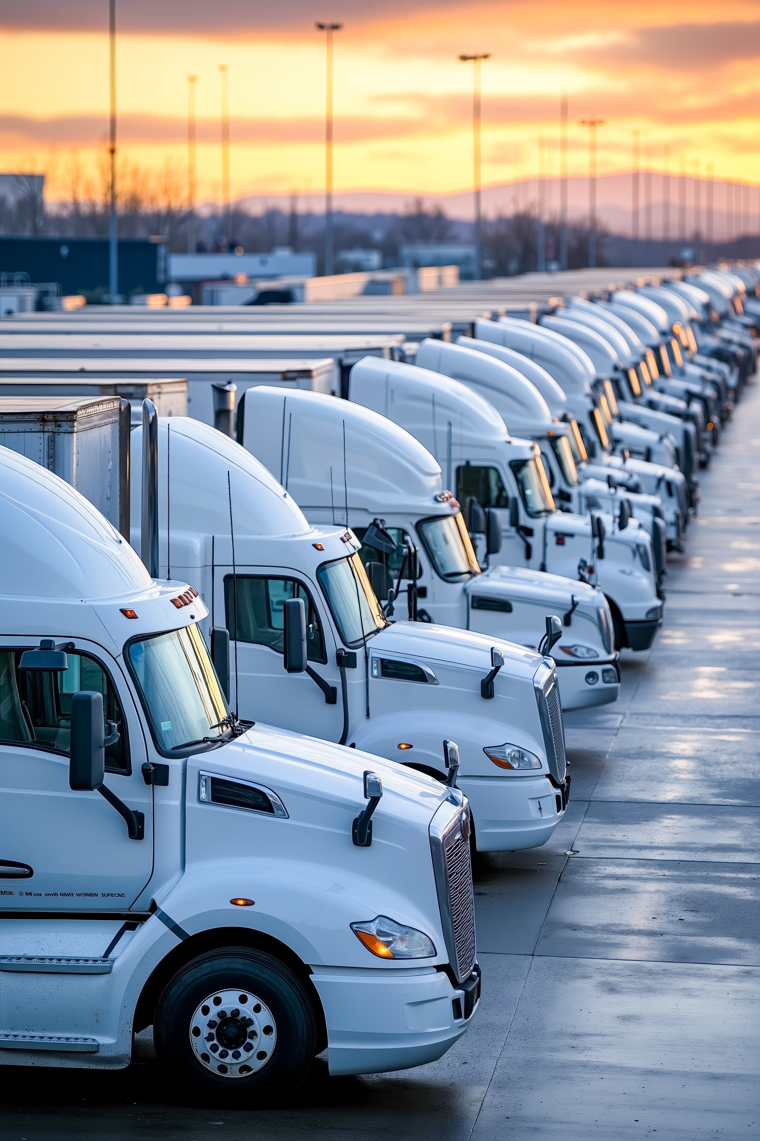Row of white semi-trucks parked in a lot during sunset.