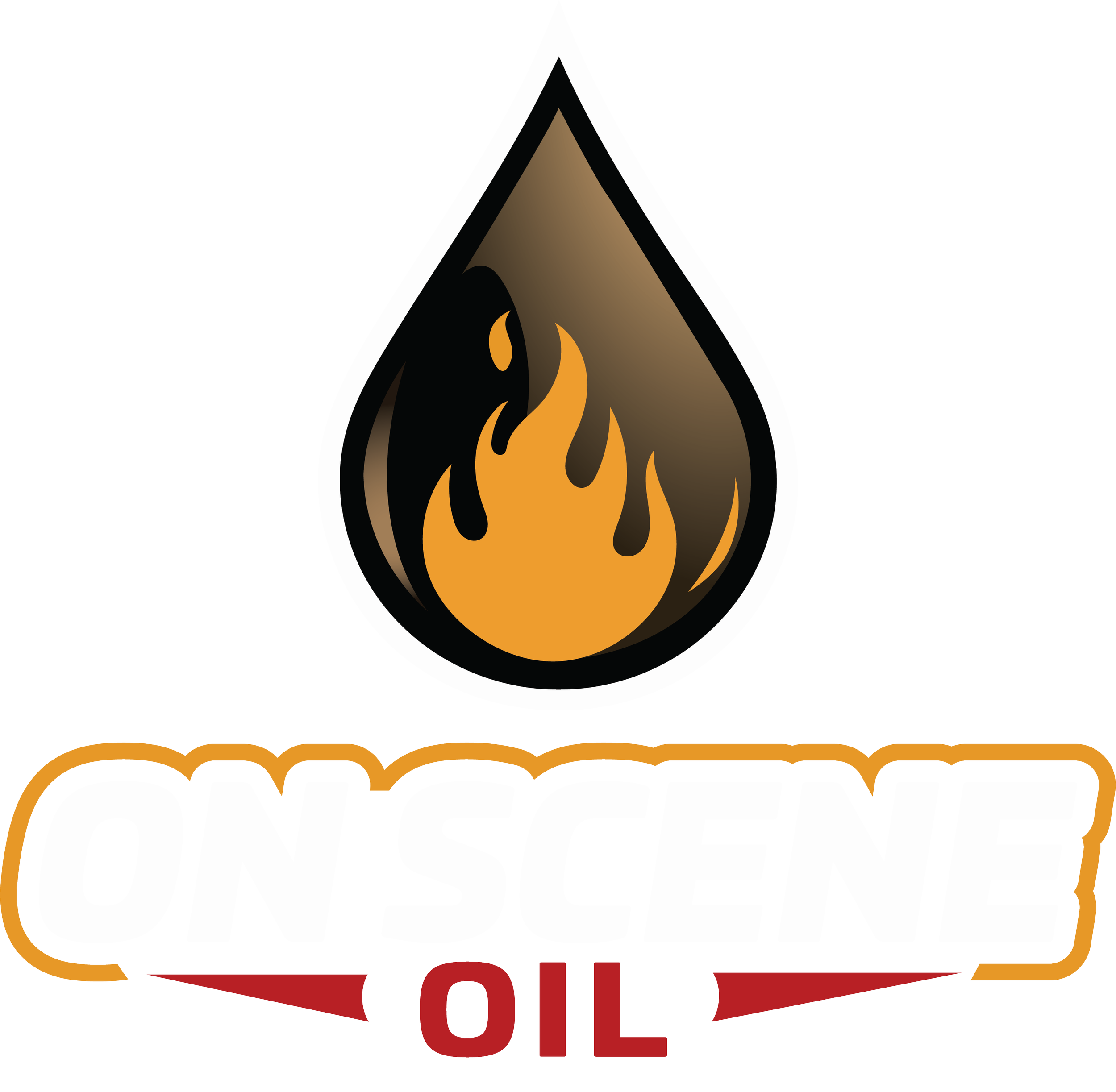 Logo for On Scene Oil featuring a black and brown drop with a flame inside and the words 'On Scene Oil' beneath.