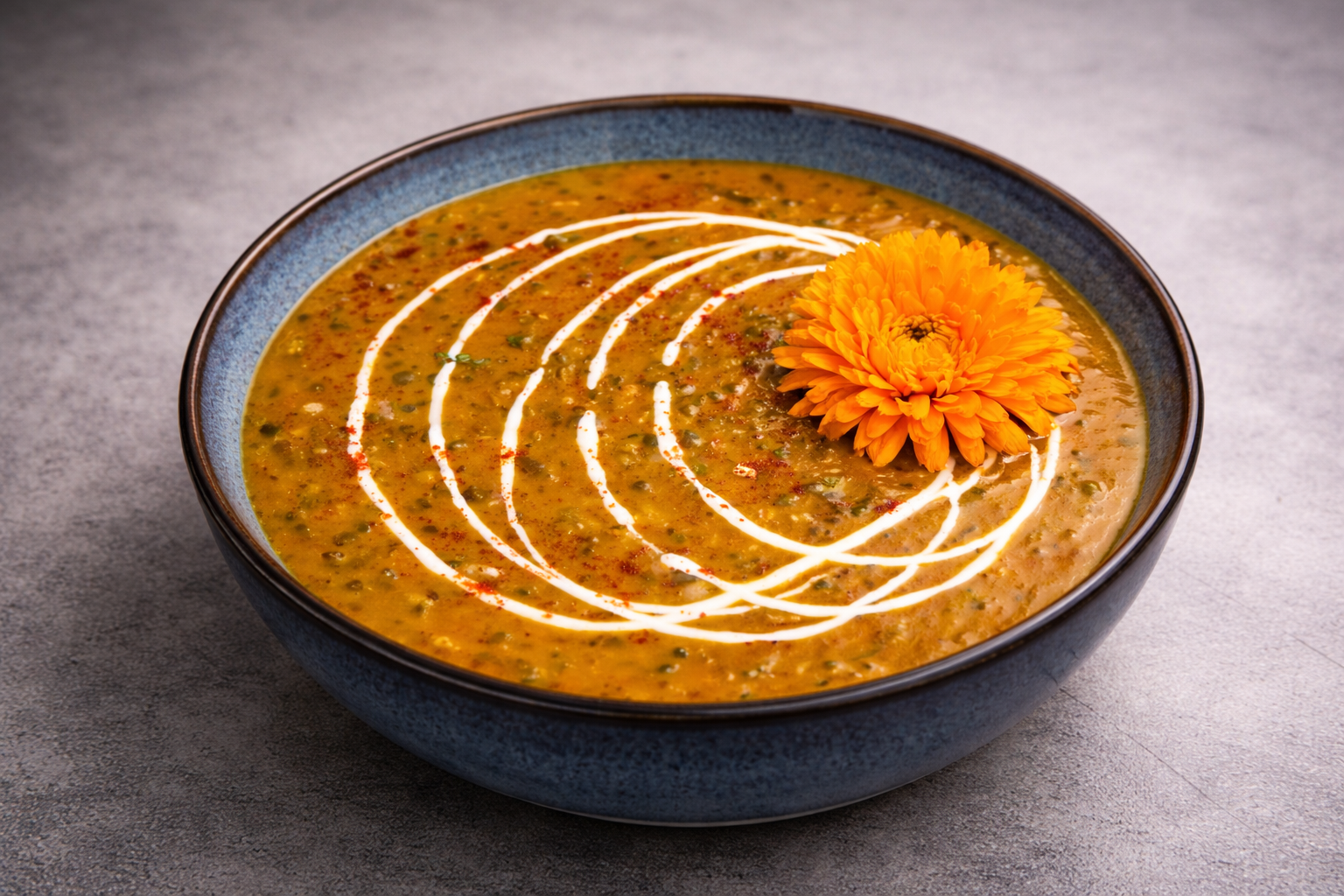A bowl of lentil soup garnished with a yellow flower and drizzled with white cream in concentric circles.