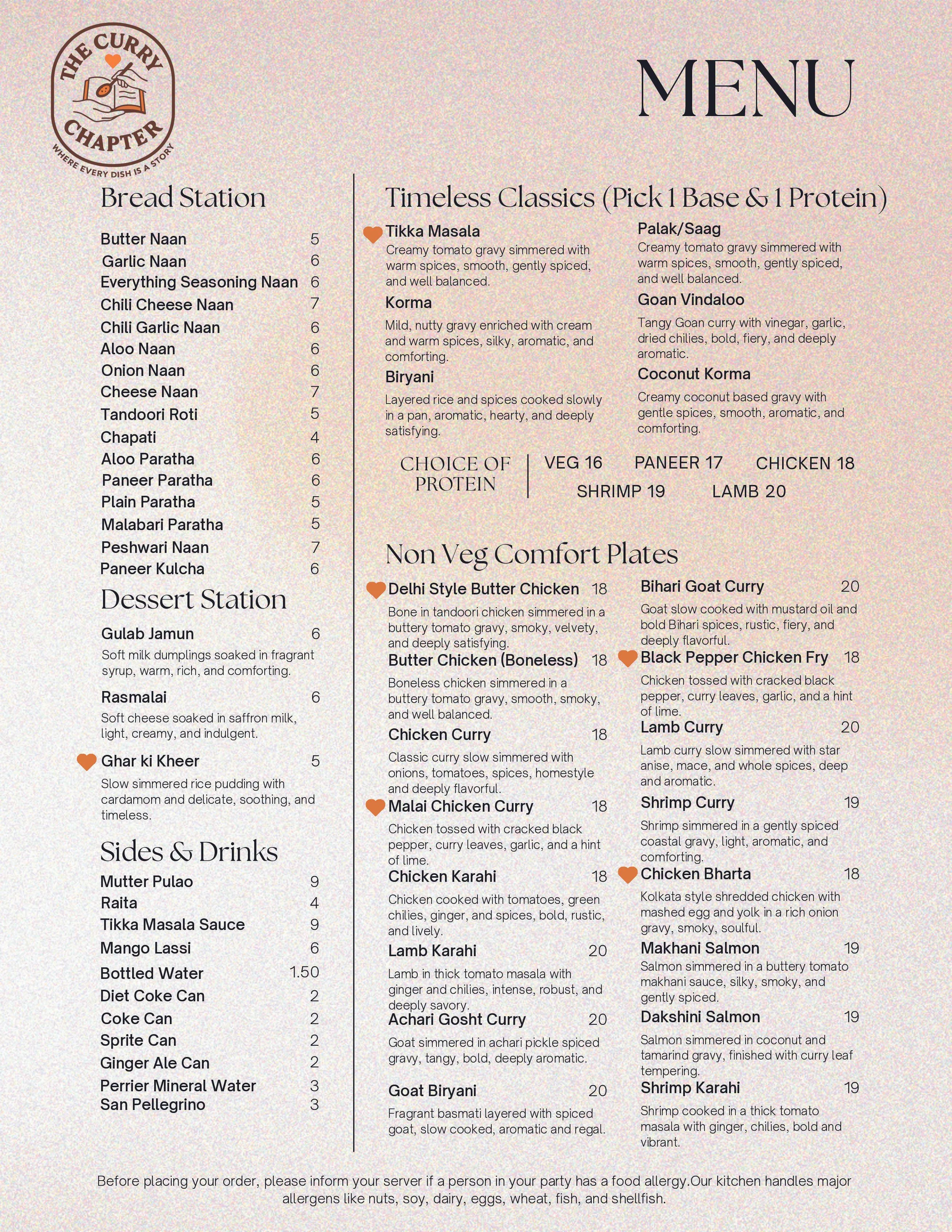 Menu from The Curry Chapter featuring Bread Station, Timeless Classics with choices of rice, naan, and curries, Non Veg Comfort Plates including chicken, lamb, and seafood options, Dessert Station with traditional Indian sweets, and Sides & Drinks section with beverages and sauces.