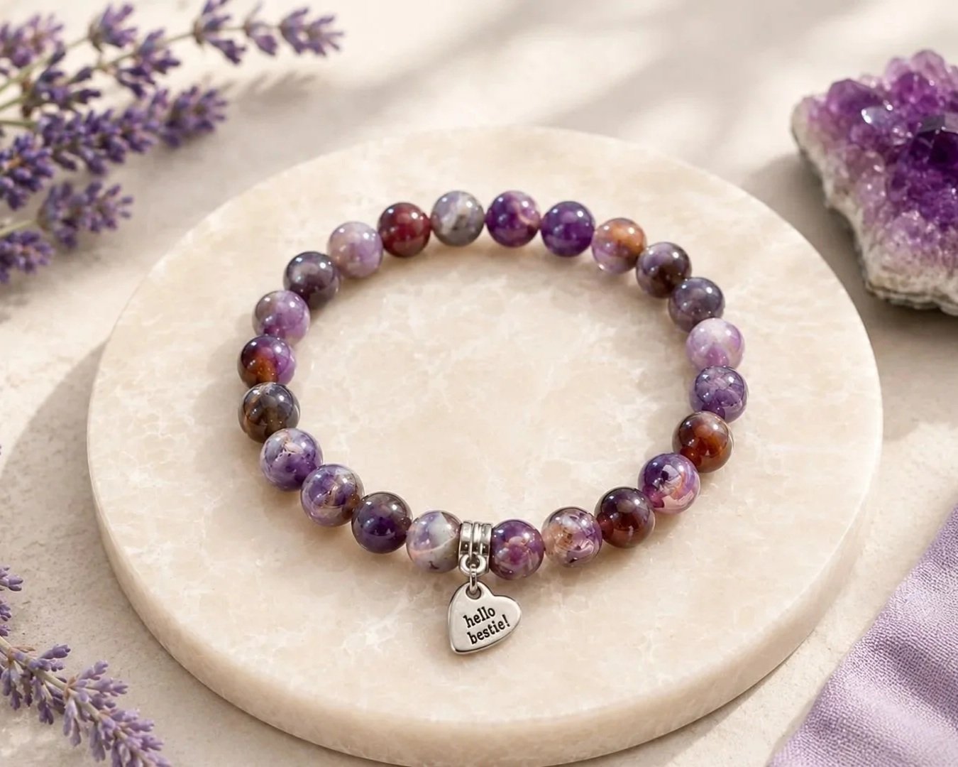 Hello bestie bracelet, super 7 gemstone, auralite-23 crystal, phantom quartz purple gemstone, hello bestie
