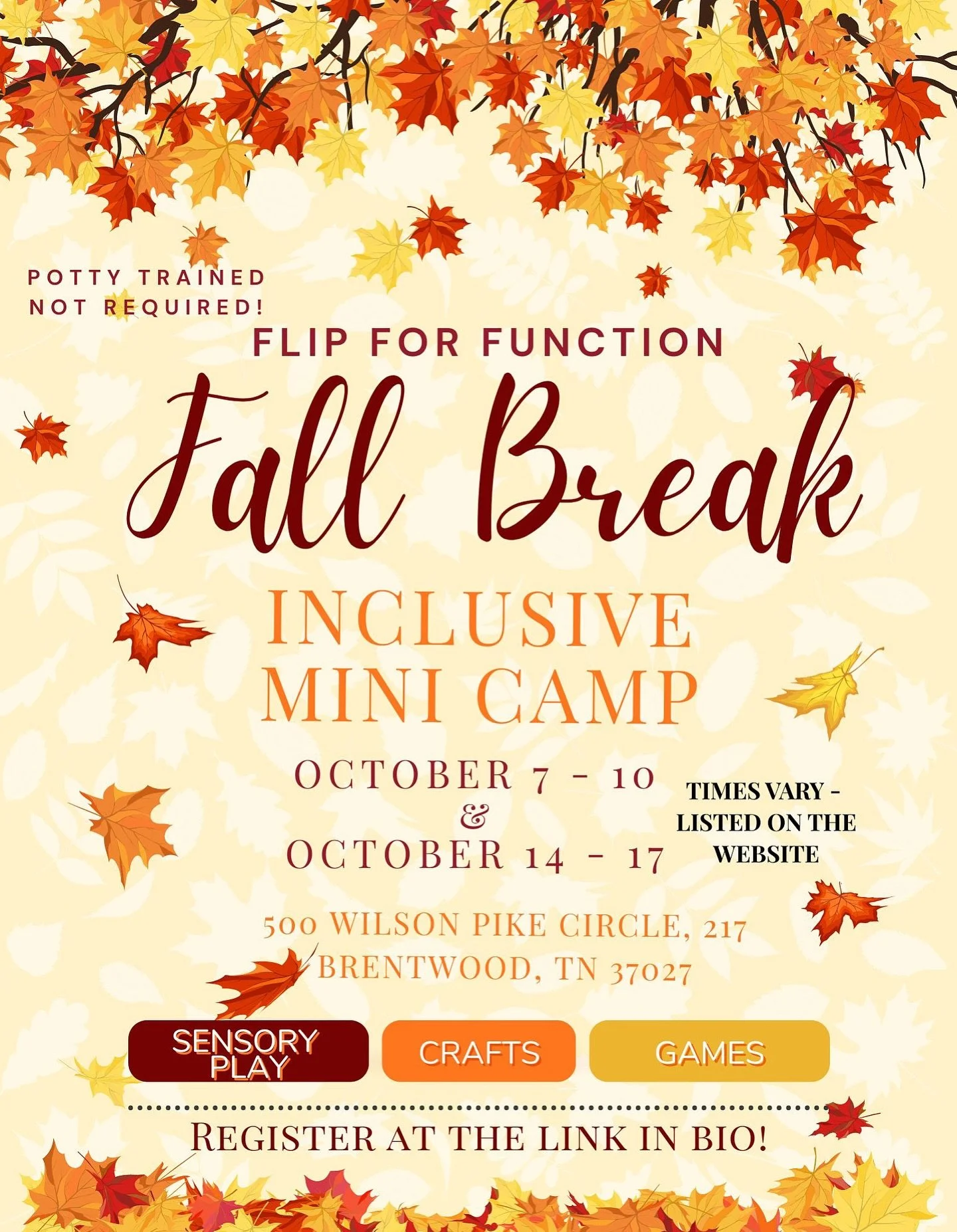 Fall Break Mini Camp Update: we’re down to a handful of spots - 1-2 spots left per session, some sessions are waitlisted!
Kids flip, climb, laugh, try new things, make friends. Basically, the best week EVER (until the next camp).
If you&rsquo