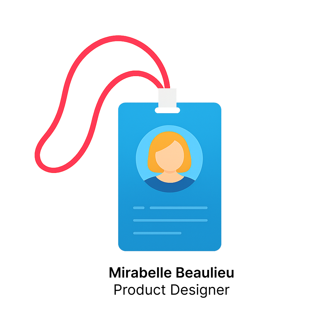 an ID badge showing a woman product designer