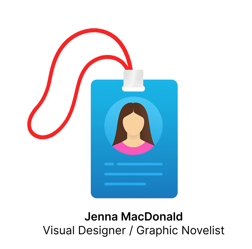 an ID badge showing a woman visual designer