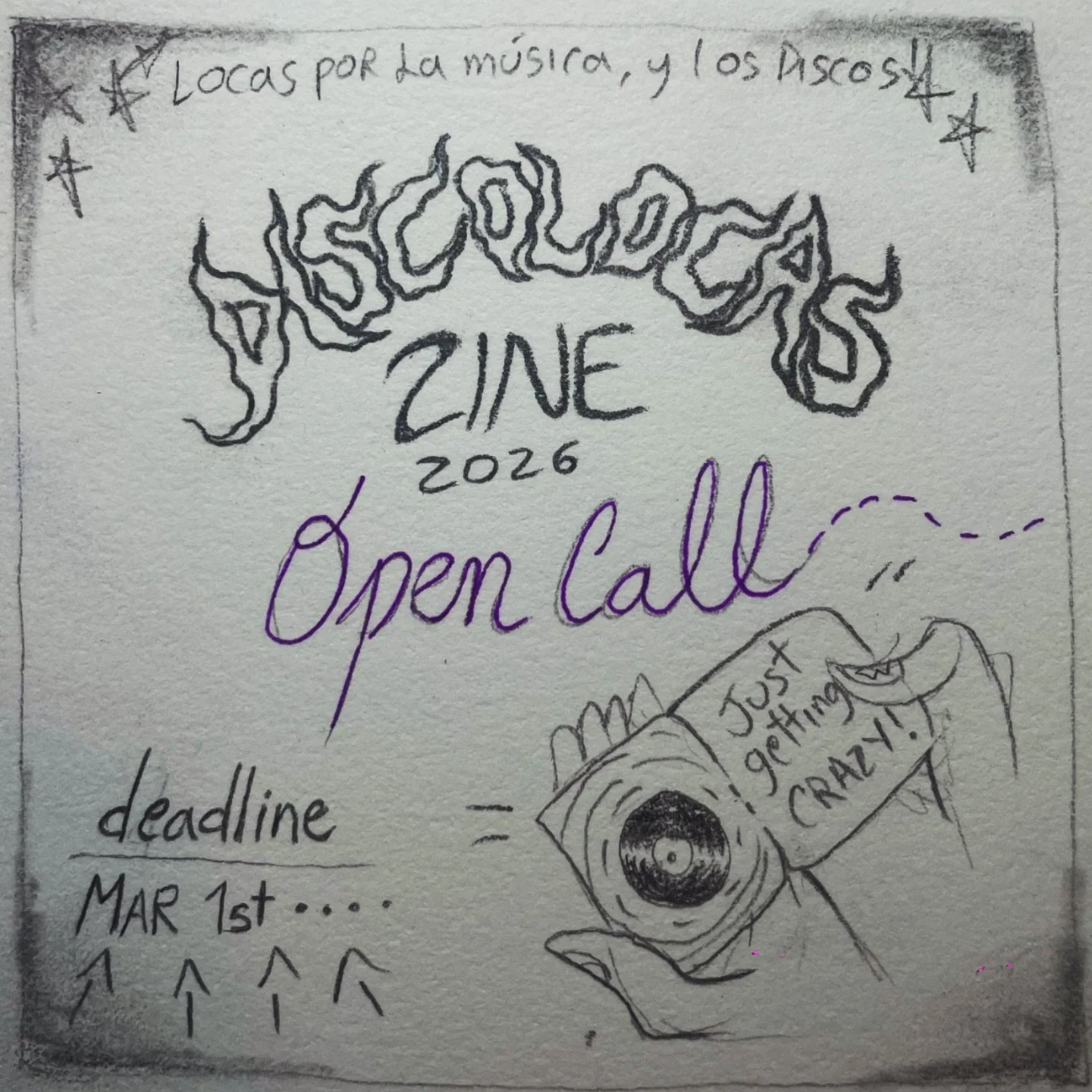 &bull;&bull;&bull;Open call&bull;&bull;
 For people Crazy for music and vinyl! &bull;&bull;&bull;

✨ A Zine to celebrate @discolocas anniversary✨
&mdash;Taking submissions for the anniversary zine &mdash;

THEME:
&bull; Show your craziness for music 