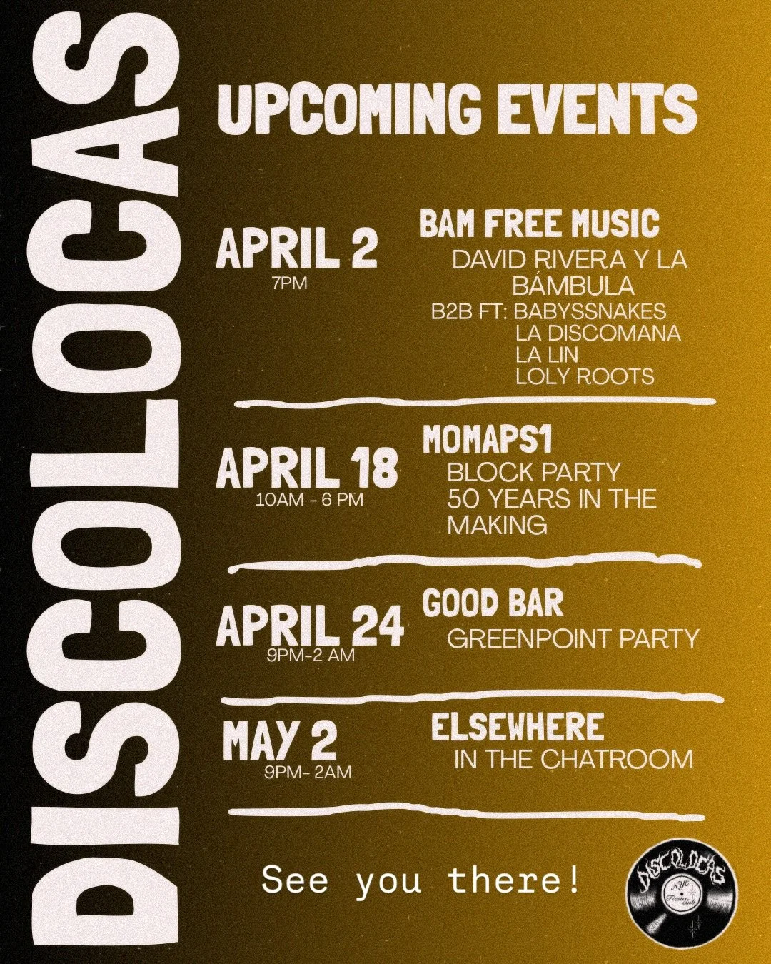 Hola! The spring season is here, and this is the @discolocas schedule for the upcoming events 🌸 We are ready and happy to be part of these events, sharing music on vinyl in incredible NYC venues. Thank you for the opportunity🌸 Now let's go to celeb