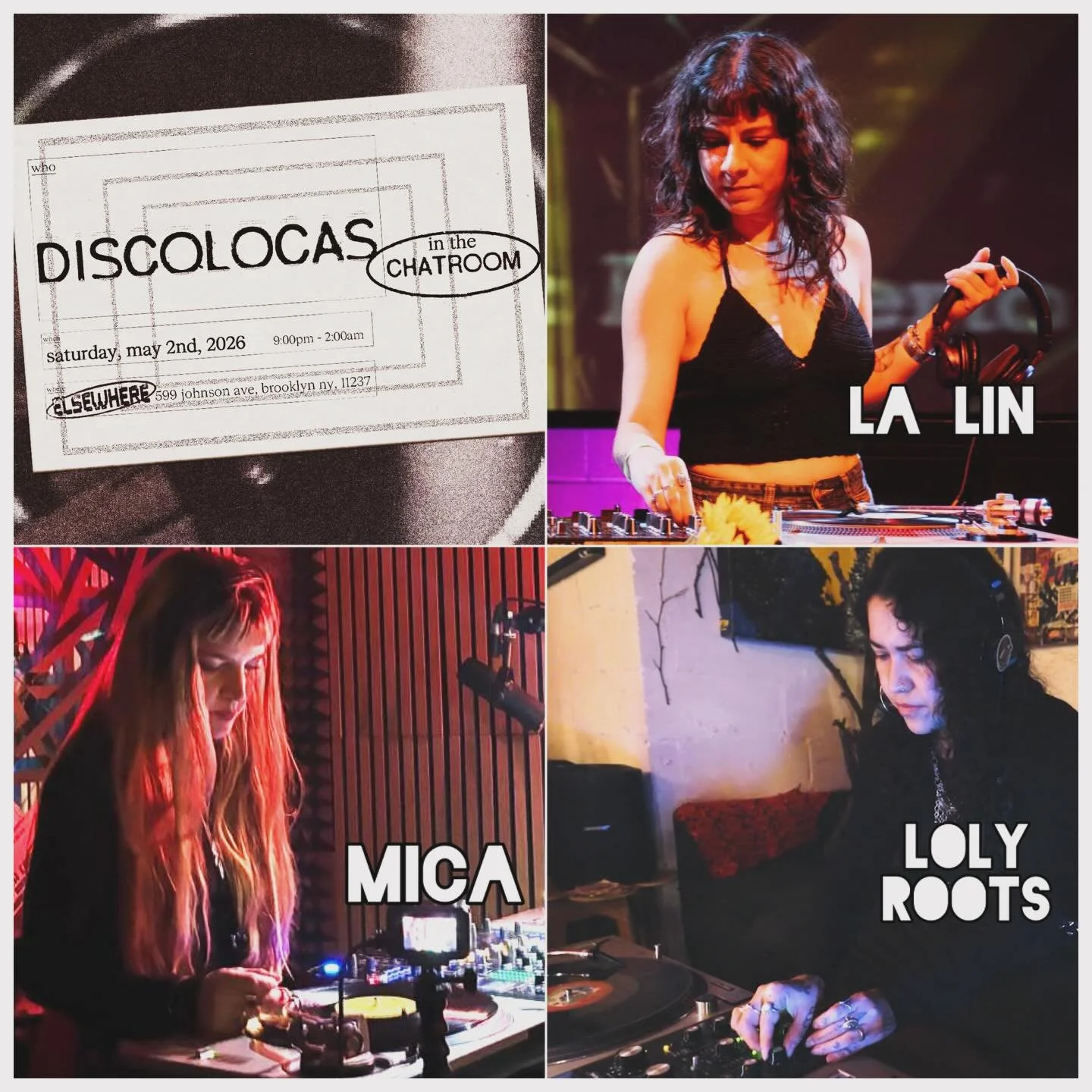 This Saturday May 2nd at @elsewherespace ✨ We are going to be sharing music in the new space ✴︎Chatroom✴︎ A night of deep listening to connect with music on vinyl 🚀 featuring @micasociale &bull; @lalin___da &bull; @loly.roots 🚀 from 10 PM 

RSVP en