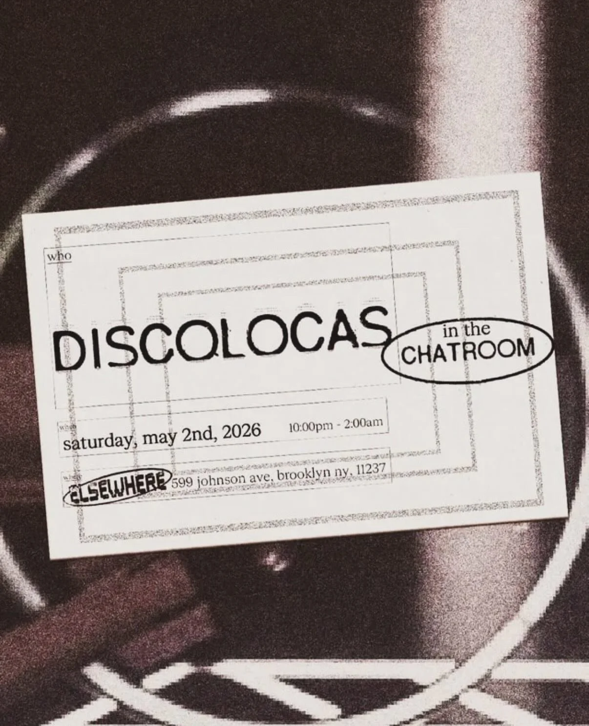 Tonight Sat, May 2nd from 10 PM🚀 @discolocas in the CHATROOM a new space dedicated to deep listening and connection with music at @elsewherespace ✨ vinyl all night long, and music to take you in a journey! 
Tunes by @lalin___da &bull; @micasociale &