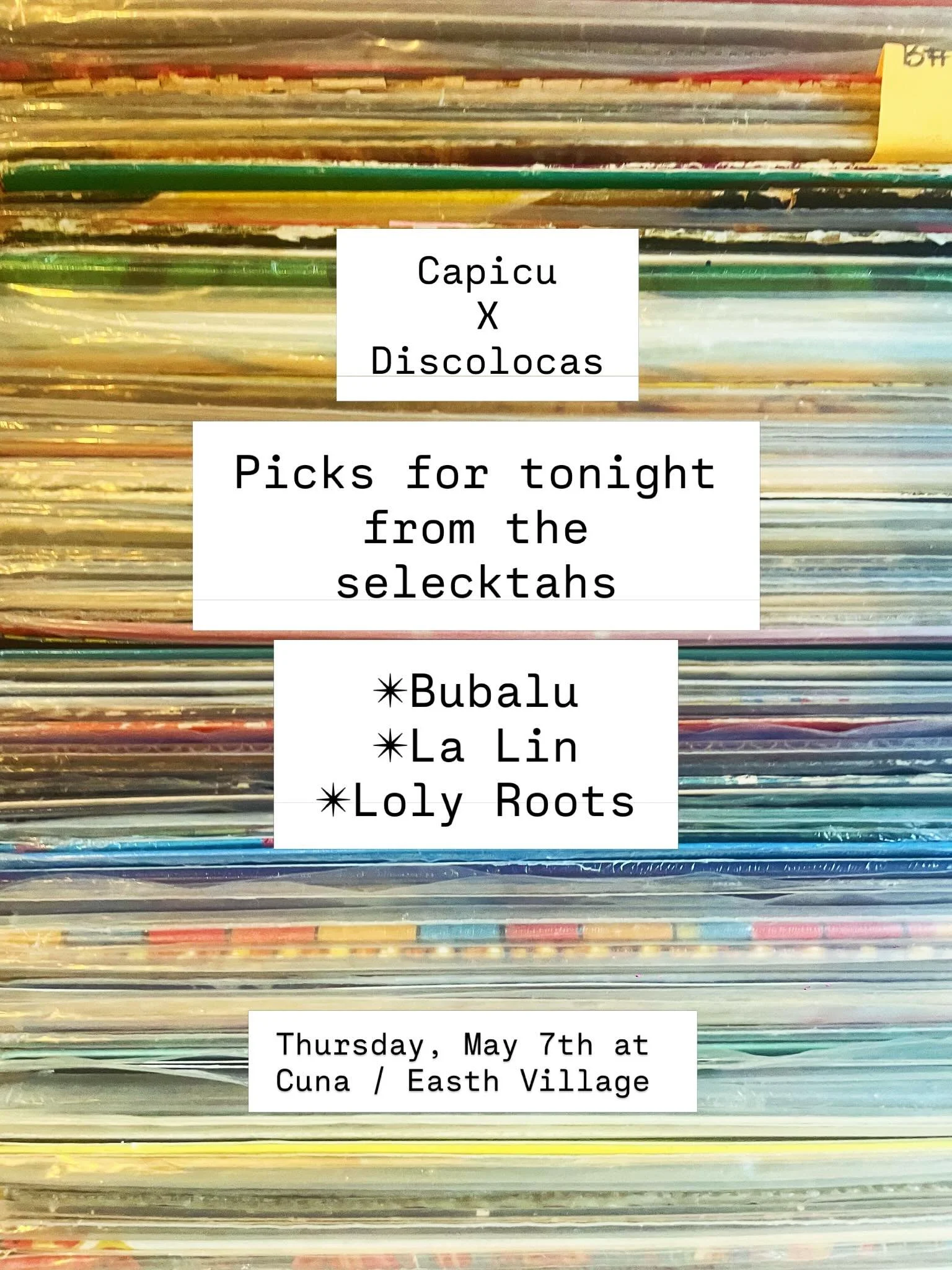 Some records for tonight May 7th with @capicunyc ✨ picks from each selektah before we take over the turntables at @cuna.nyc @thestandardeastvillage ✨ Featuring @bubalu.electricttt &bull; @lalin___da &bull; @loly.roots &bull;
Good music on vinyl, deli