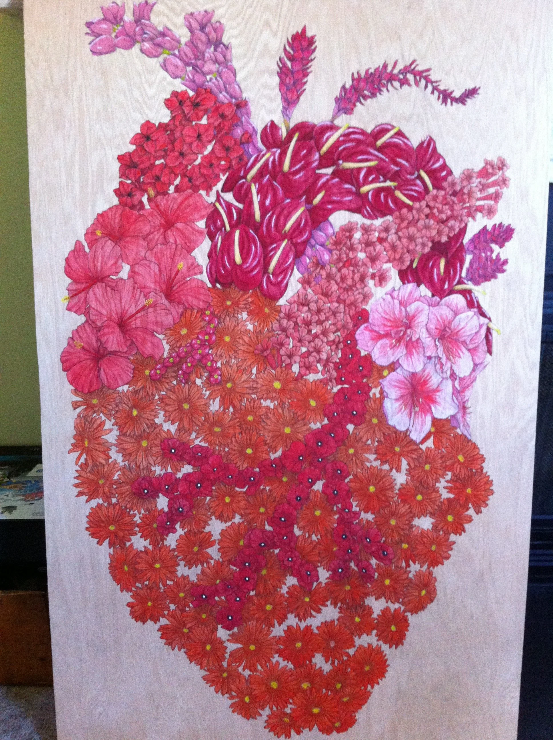 Painting of clusters of different red flowers arranged to resemble an anatomical human heart
