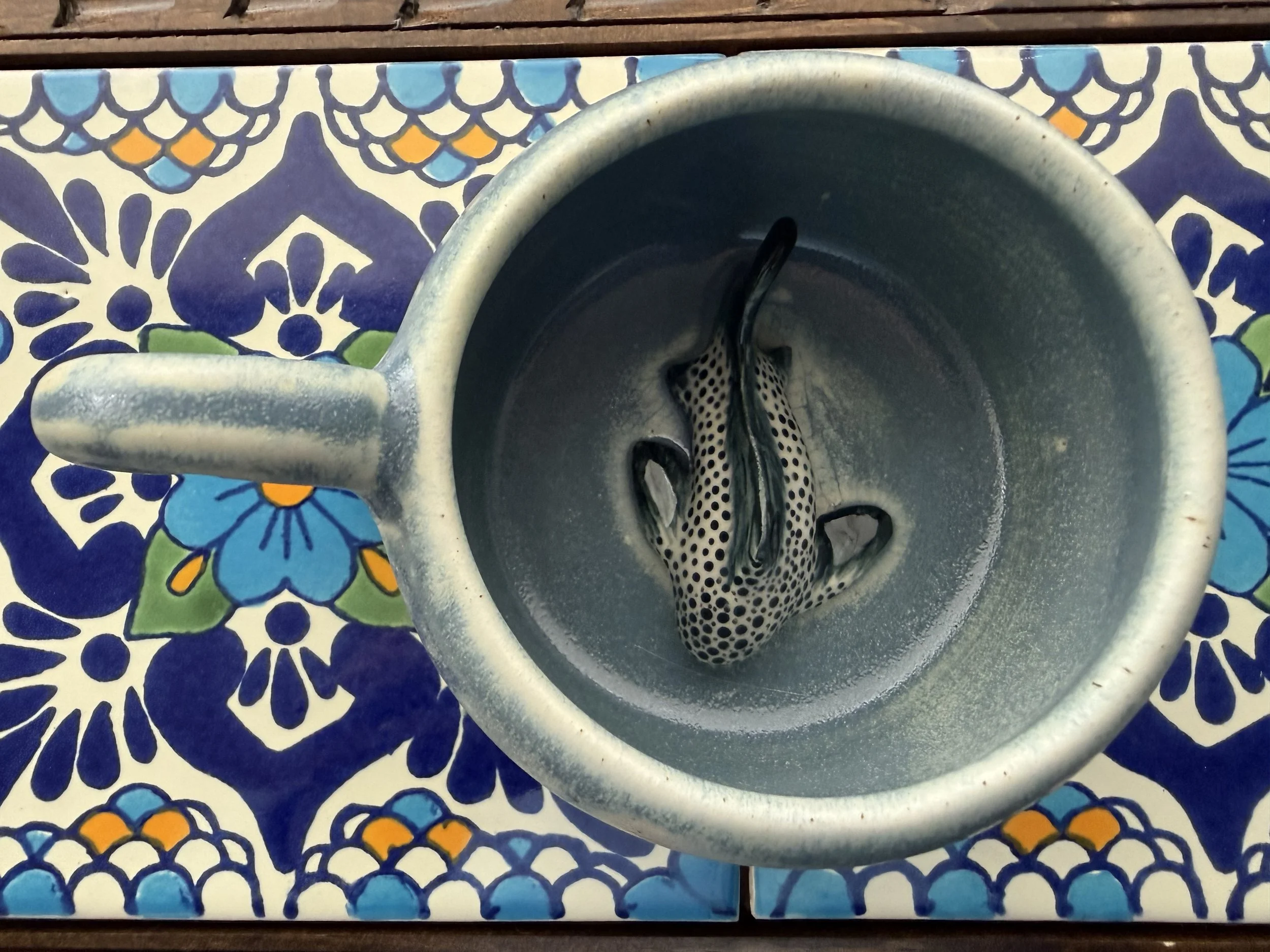 The inside of a blue small mug with a fish on the inside, decorated with blue and black dots