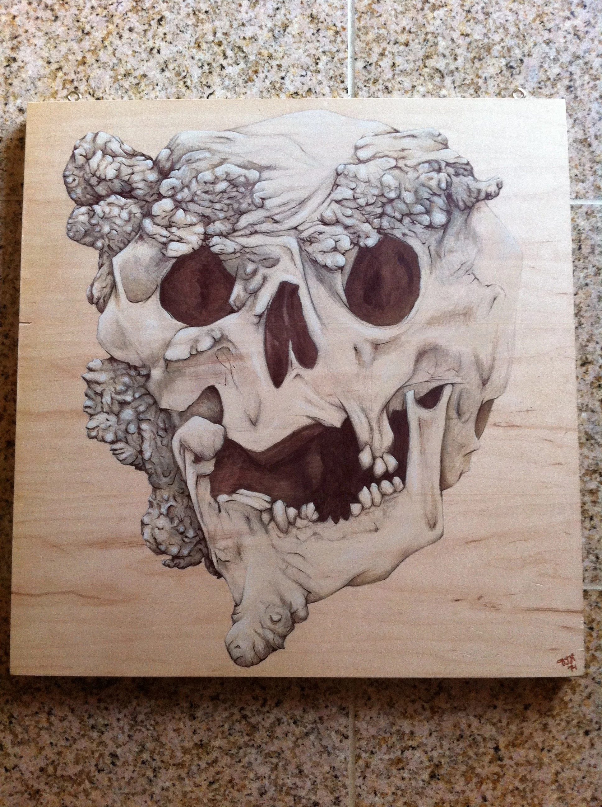Painting on wood depicting the skull of John Merrick, the Elephant Man