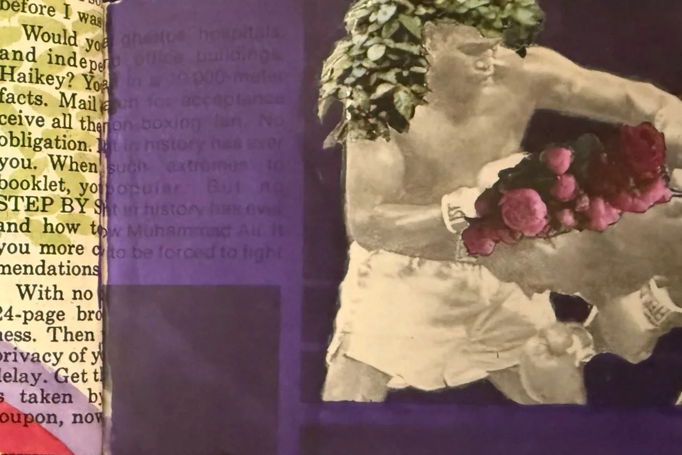 Page from an art zine with a collage of boxers with flower crowns.