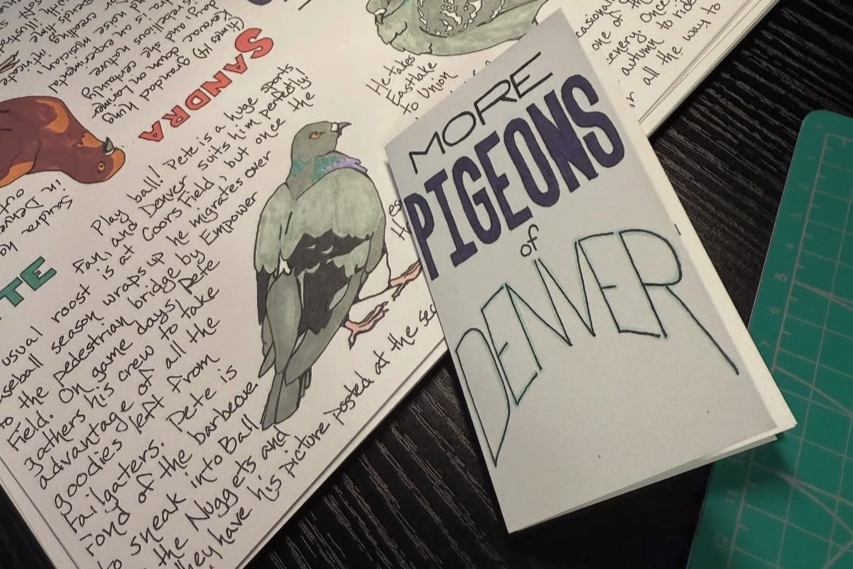 A sample from the Pigeons of Denver zine series including pigeon illustrations and stories.