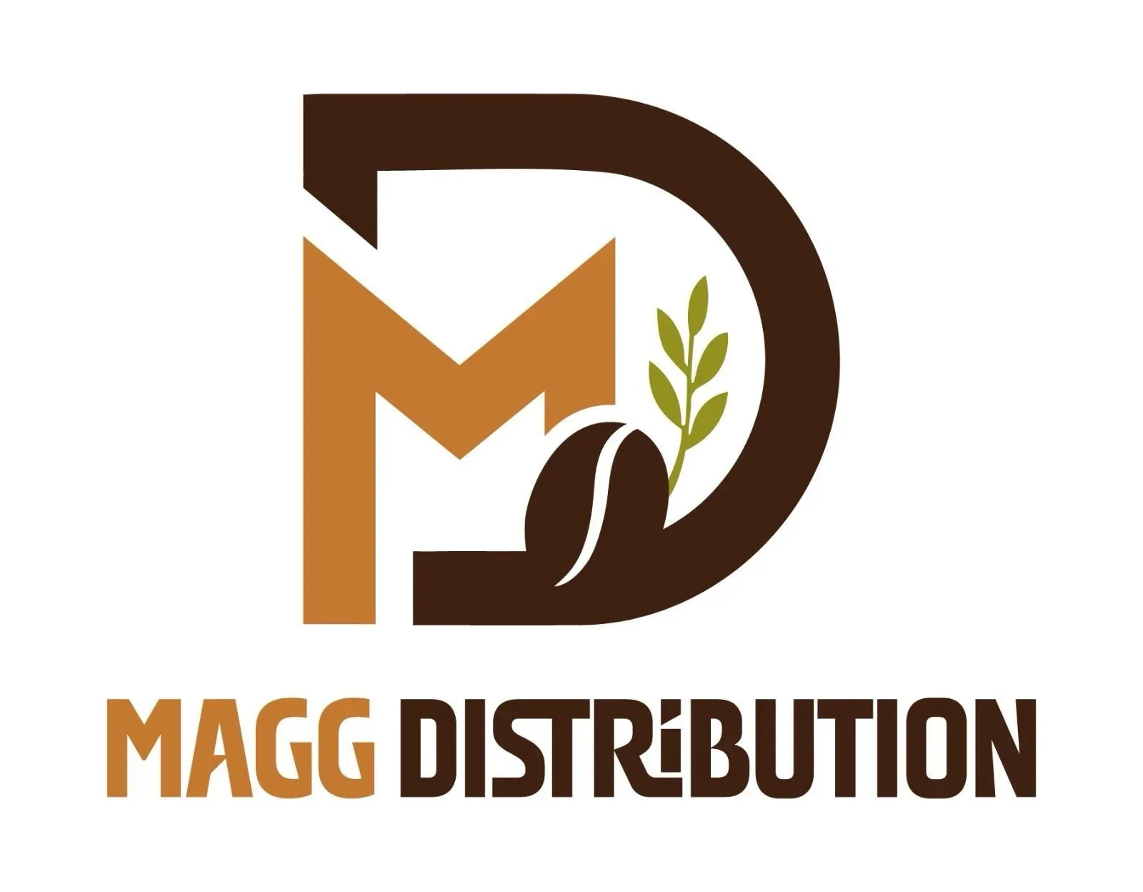 Logo for Magg Distribution featuring a stylized letter D with a leaf and coffee bean elements, and the company name in bold brown and tan text.