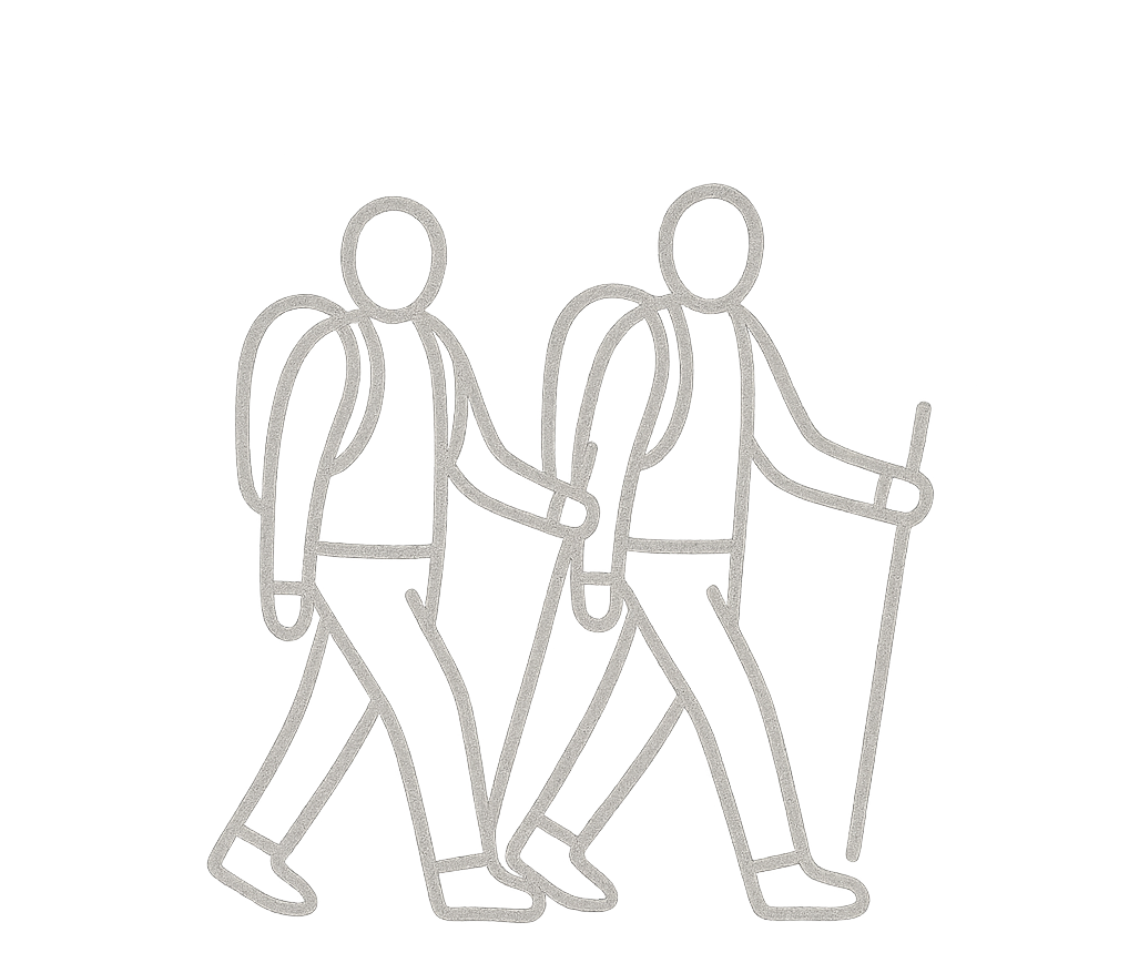 Line drawing of two hikers with backpacks walking together, one using a walking stick.