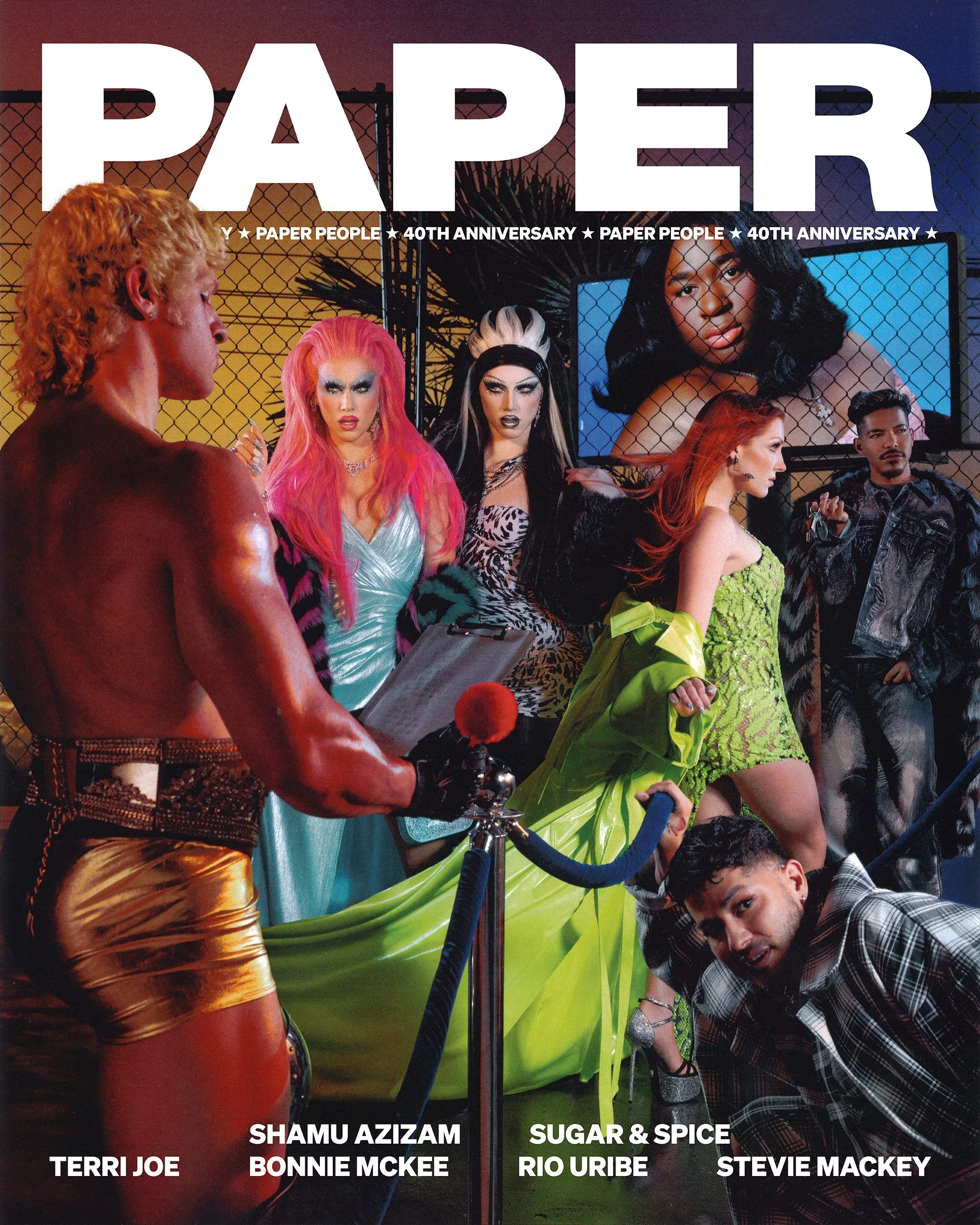 Cover of Paper magazine featuring individuals with bold fashion and hair styles, with a person holding a microphone and others posing in front of screens, celebrating Paper People's 40th anniversary.