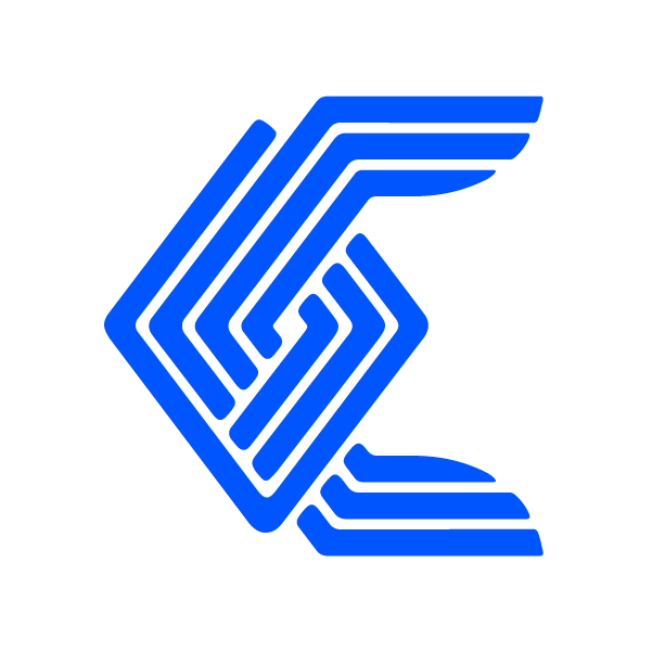 A geometric, maze-like logo in blue on a black background.