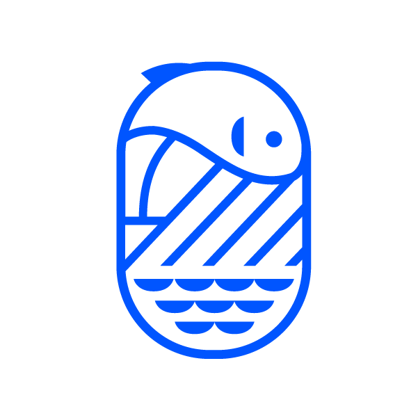 A minimalist line drawing of a fish in blue on a black background.