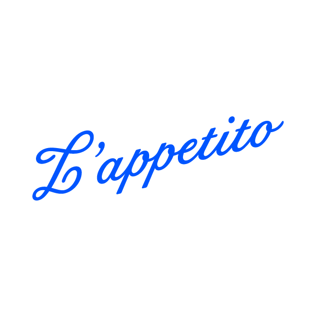 Black background with the words 'L'appetito' written in blue cursive font.