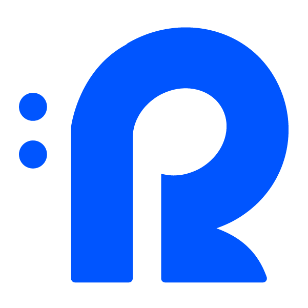 Large blue stylized letter 'R' with two dots to its left against a black background.