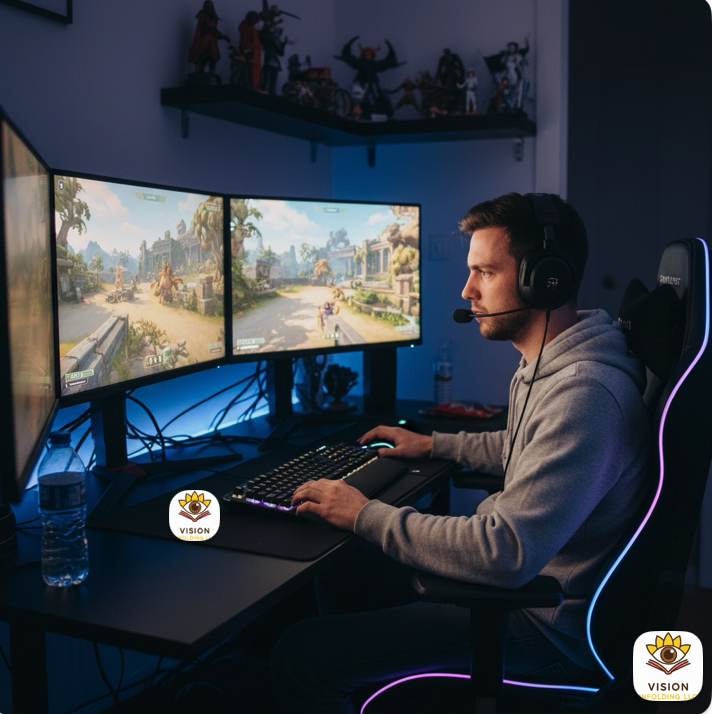A man playing a video game with three monitors, wearing headphones with a microphone, in a gaming setup with collectibles on a shelf in the background.