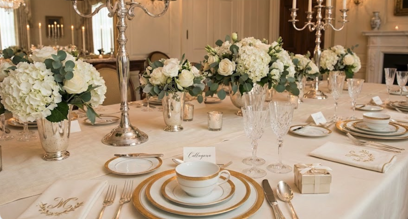 Elegant dining table decorated with white and gold china, glassware, and silverware, with large floral arrangements of white hydrangeas, roses, and greenery, gold candle holders, and small gift box, in a formal room.