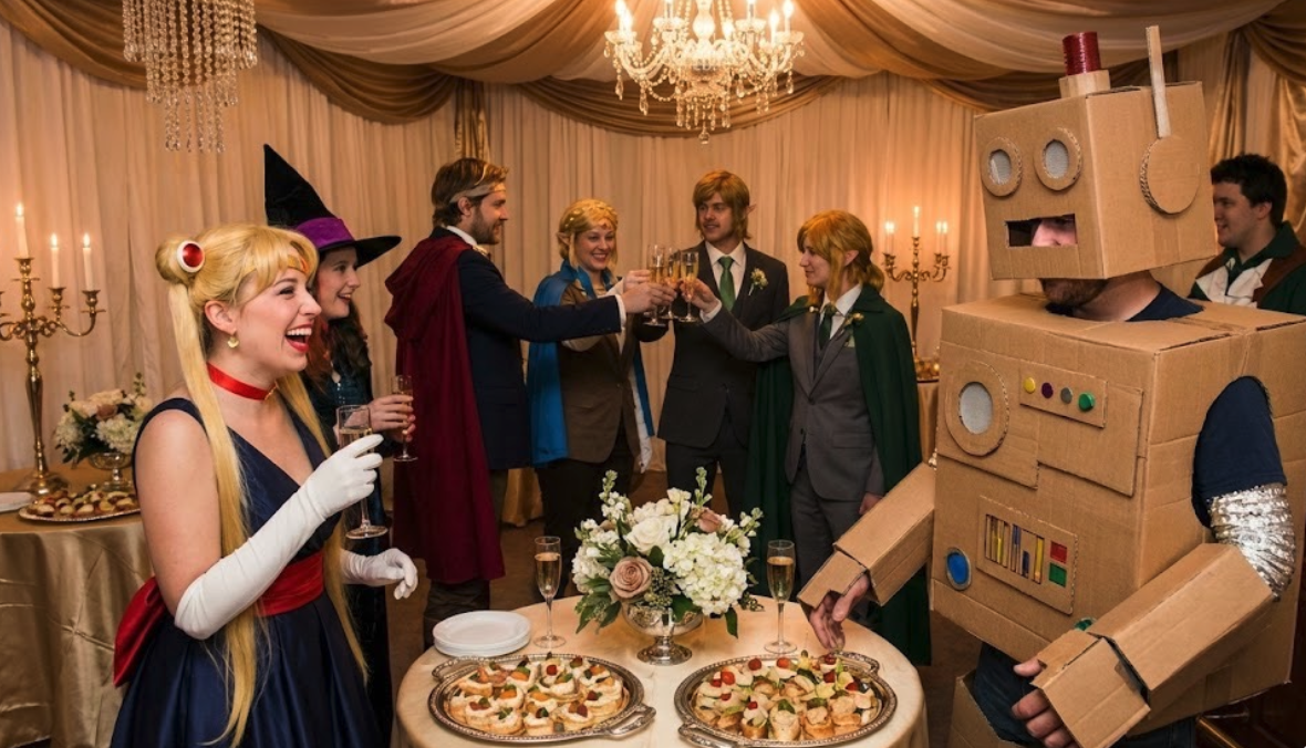 People in cosplay celebrating with drinks in a decorated party room. A woman dressed as Sailor Moon, a person dressed as a wizard, and others in formal attire. Someone in a homemade robot costume.