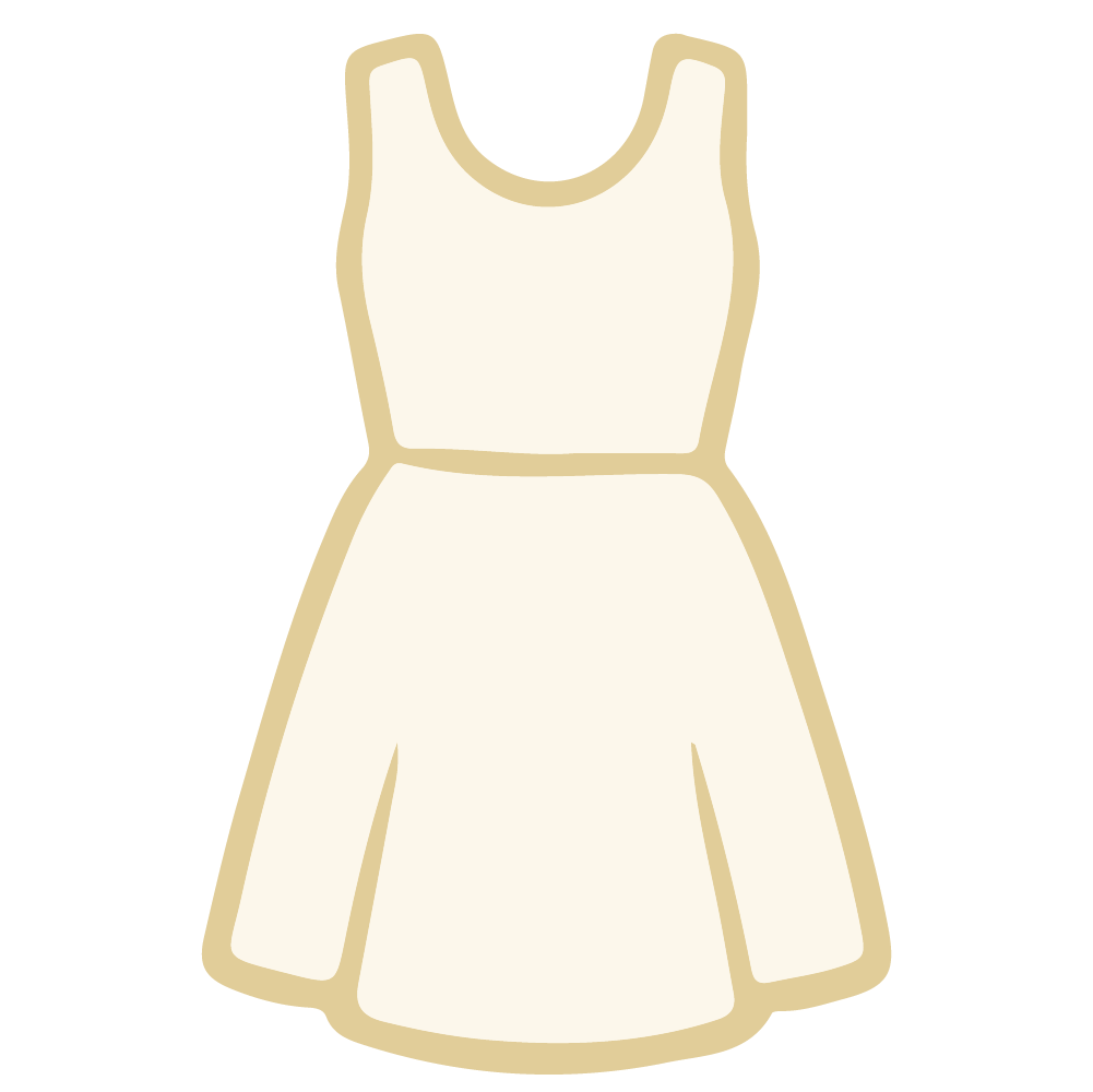 Illustration of a cream-colored dress with a sleeveless top and a flared skirt.