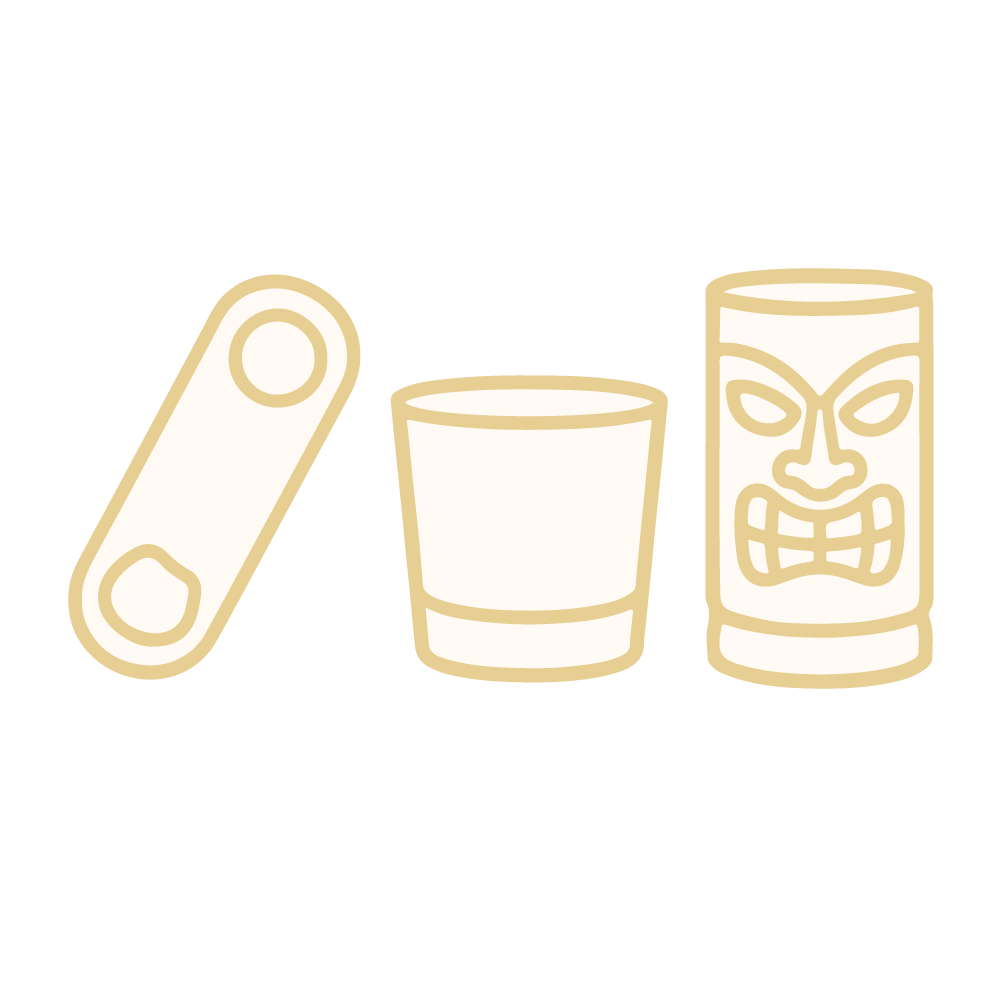 Three illustrated objects: a white game controller, a glass of clear liquid, and a tiki mask with fierce facial features.