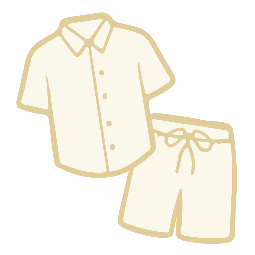 Illustration of a cream-colored pajama top with a collar and buttons, and matching shorts with a drawstring waistband.