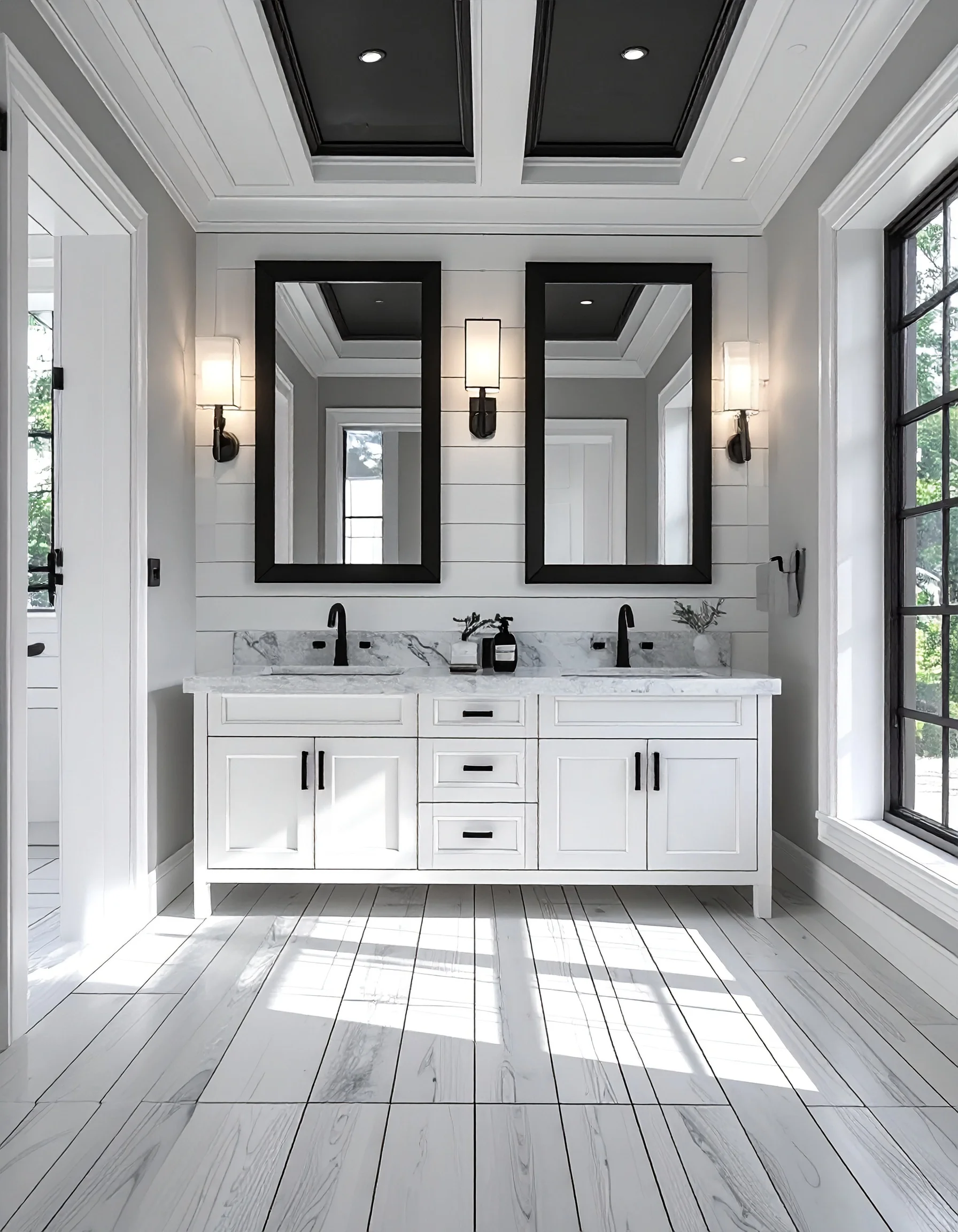 White Freestanding Style Vanity and Black Bathroom.webp