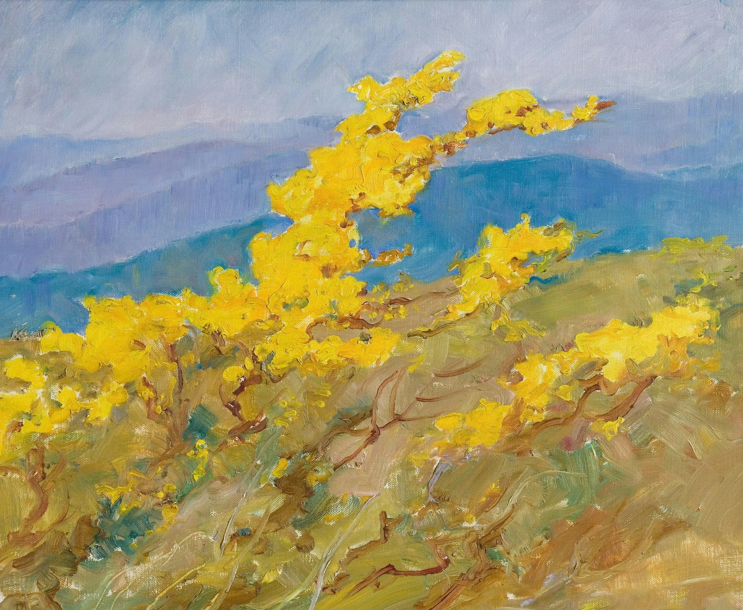 Painting of a landscape with yellow flowering trees in the foreground, green hills, and blue mountains in the background under a light blue sky.