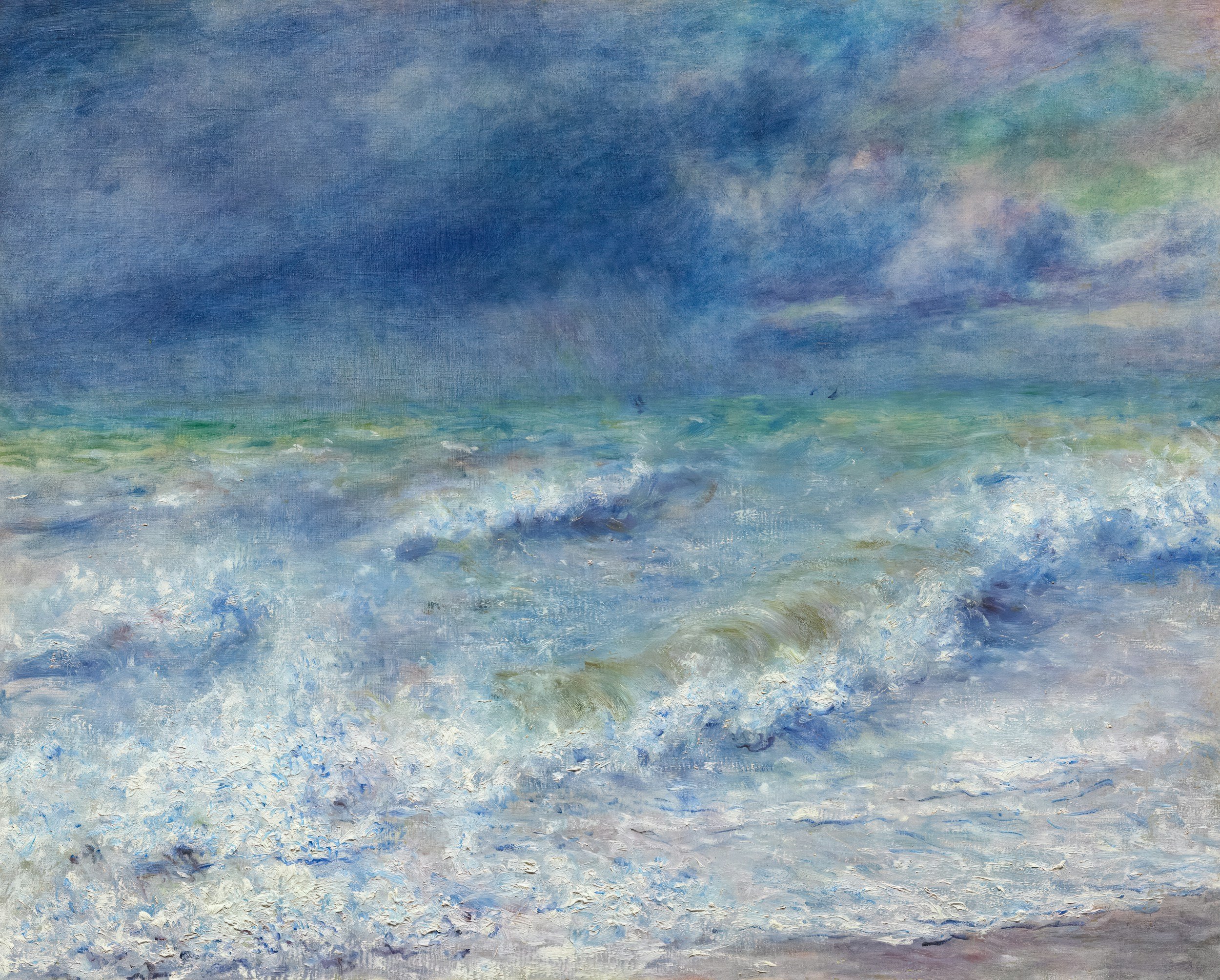 Painting of a beach with blue sky, clouds, and waves crashing on the shore.
