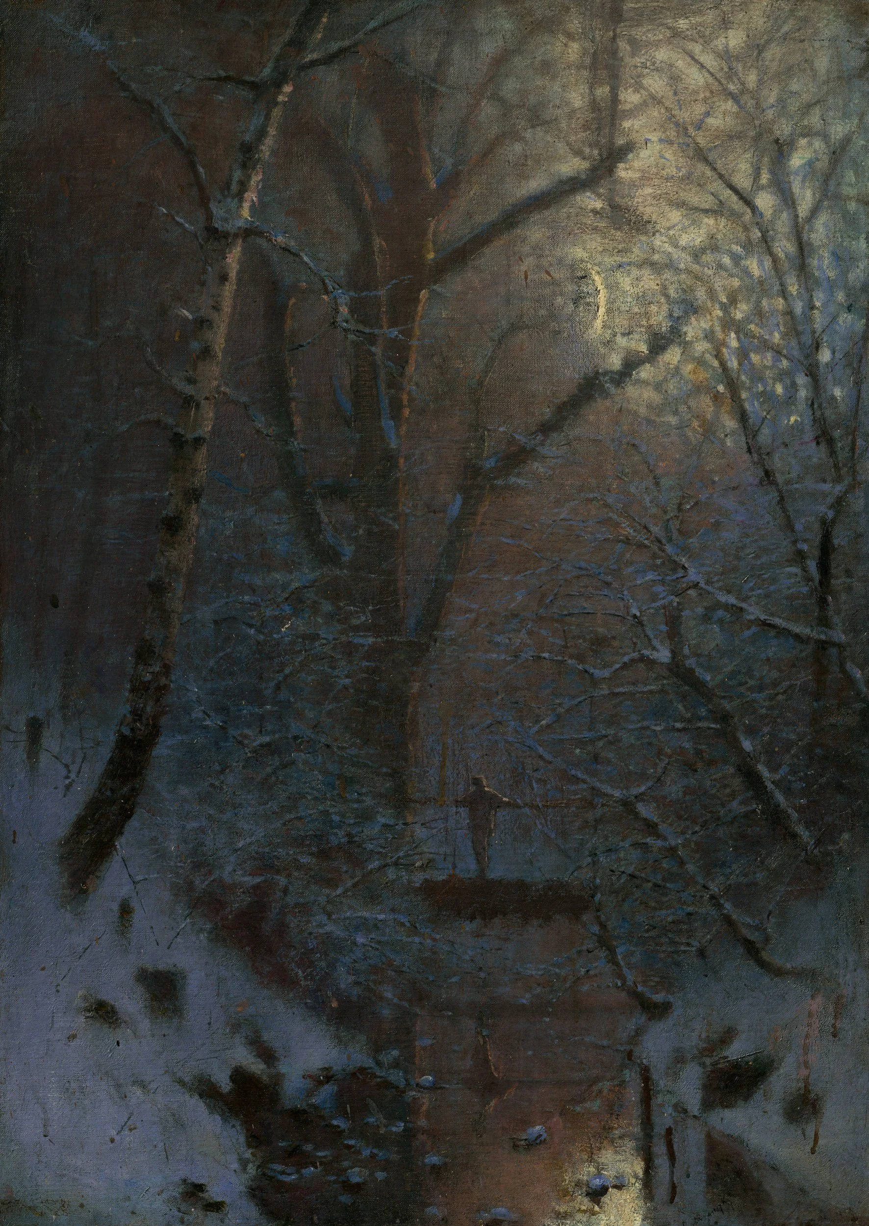 A dark, moody landscape painting of a forest at night with bare trees and a small figure standing near water, illuminated by faint moonlight.
