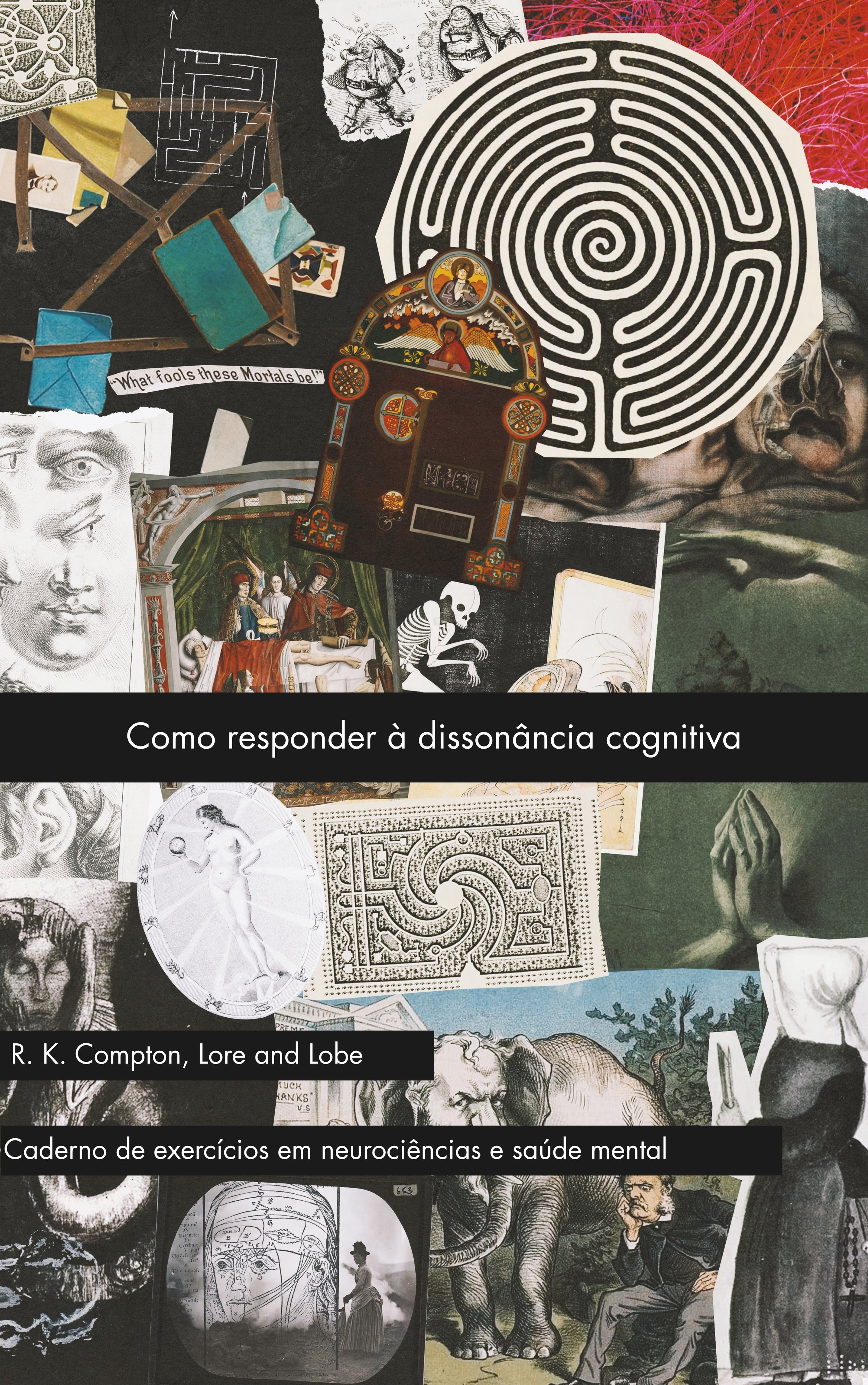 Collage of scientific and artistic illustrations, including a maze, sketches of people, a stained glass window, religious art, and a human skeleton, on a dark background.