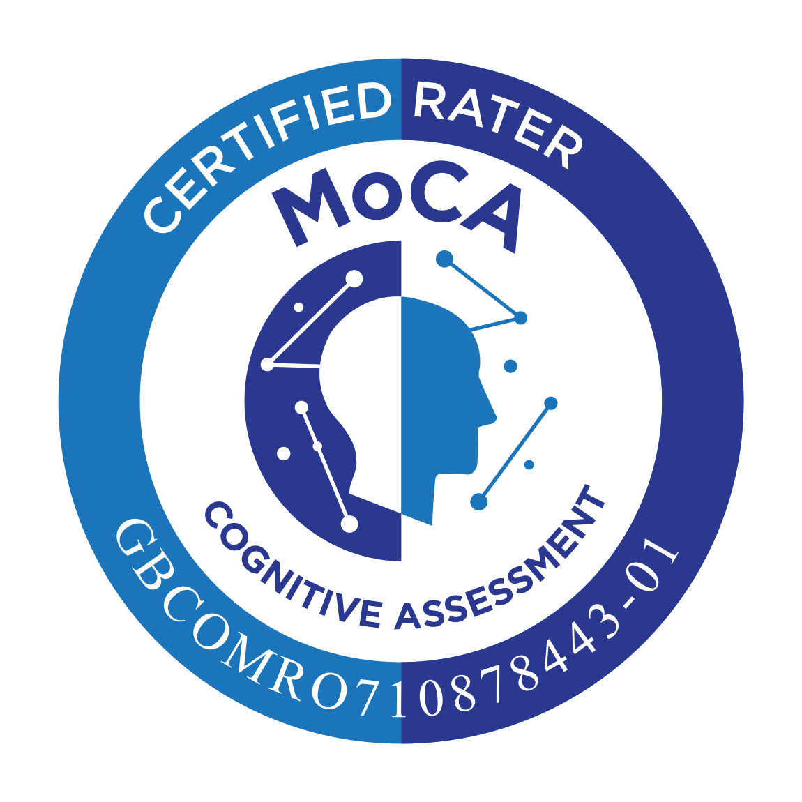 Cognitive assessment badge with MOCA and GBCOMR certifications, featuring a human head silhouette with constellation-like connections.
