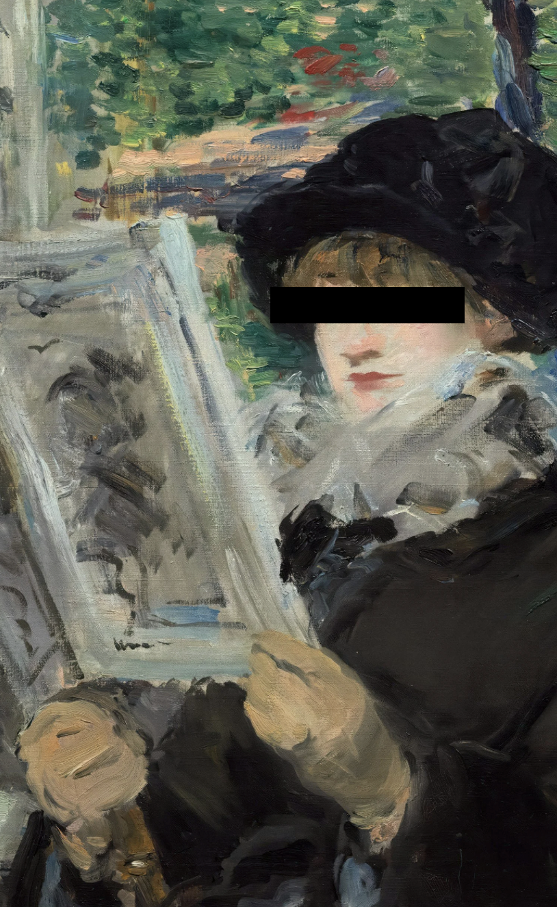 A woman with a black hat and face covering, holding a newspaper and a cup, outdoors with greenery in the background.