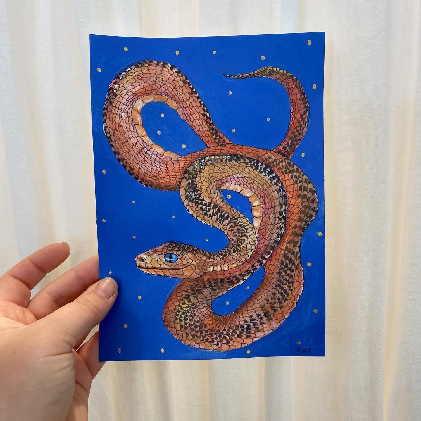 My piece for the upcoming @stampgallery_ Post Card exhibition &lsquo;Serpent in the Stars&rsquo; 🌟 an A5 mixed media piece that will be available to purchase Friday night xx Swipe for more details!