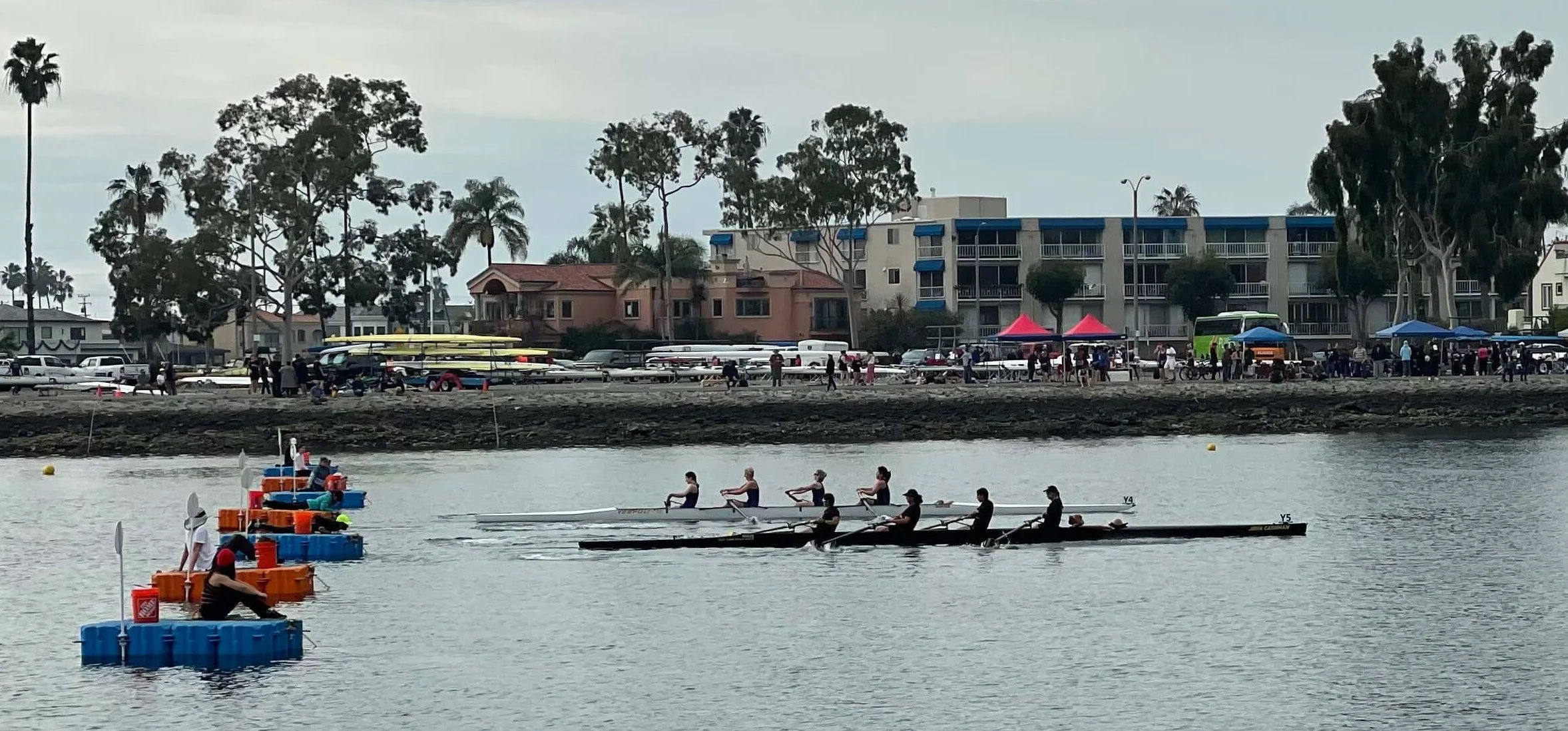 The women's varsity four start against the Los Angeles Rowing Club Masters.
